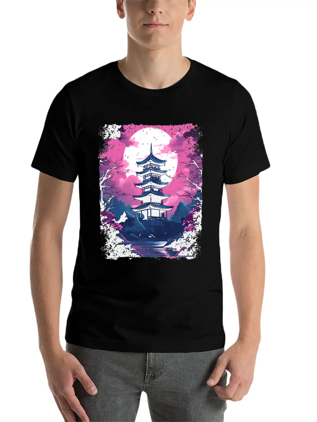 Sakura Cherry Blossom Tree In A Temple Vaporwave Unisex Casual T-Shirt – Clean Design For Daily Comfort