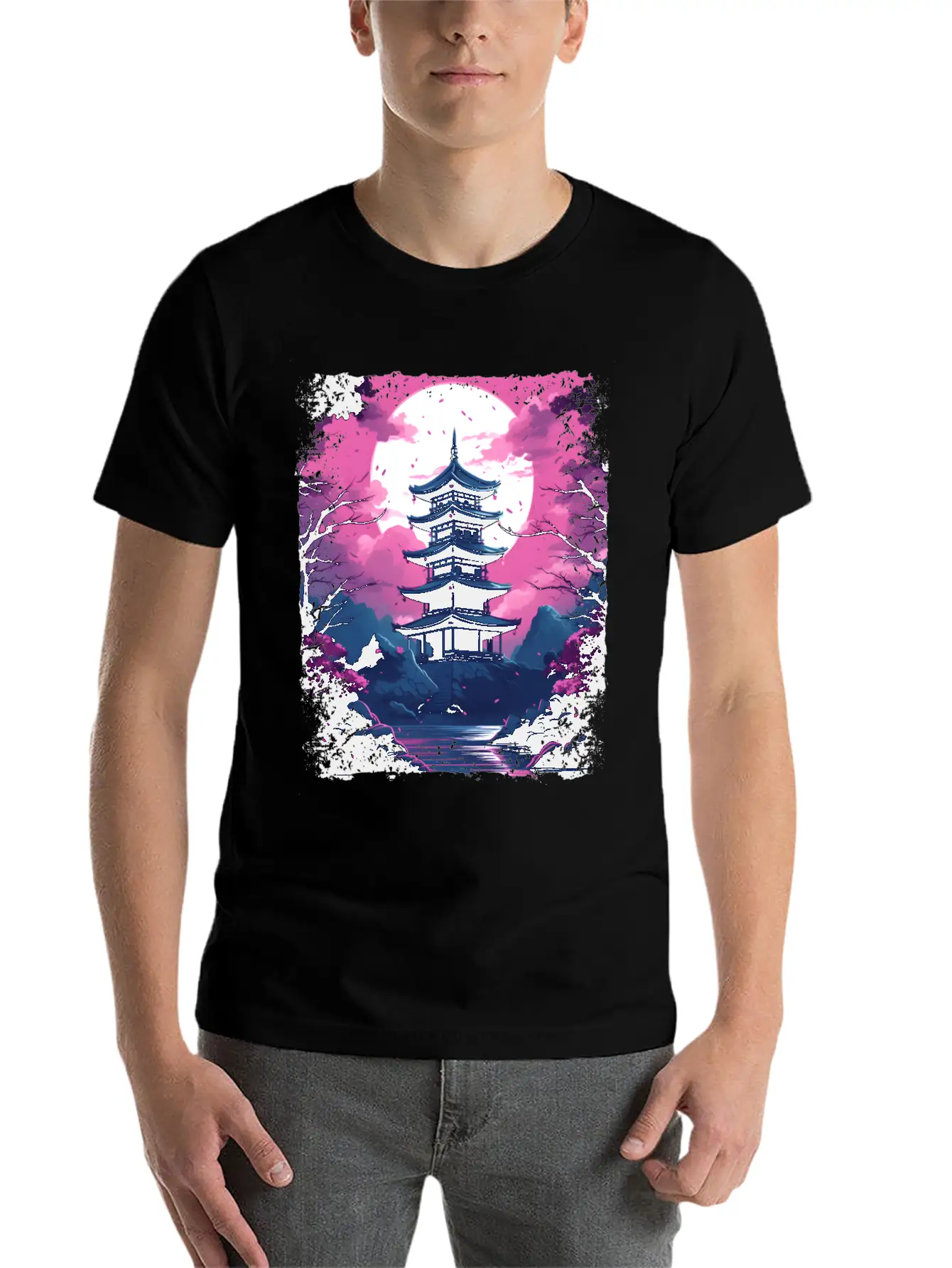 Sakura Cherry Blossom Tree In A Temple Vaporwave Unisex Casual T-Shirt – Clean Design For Daily Comfort