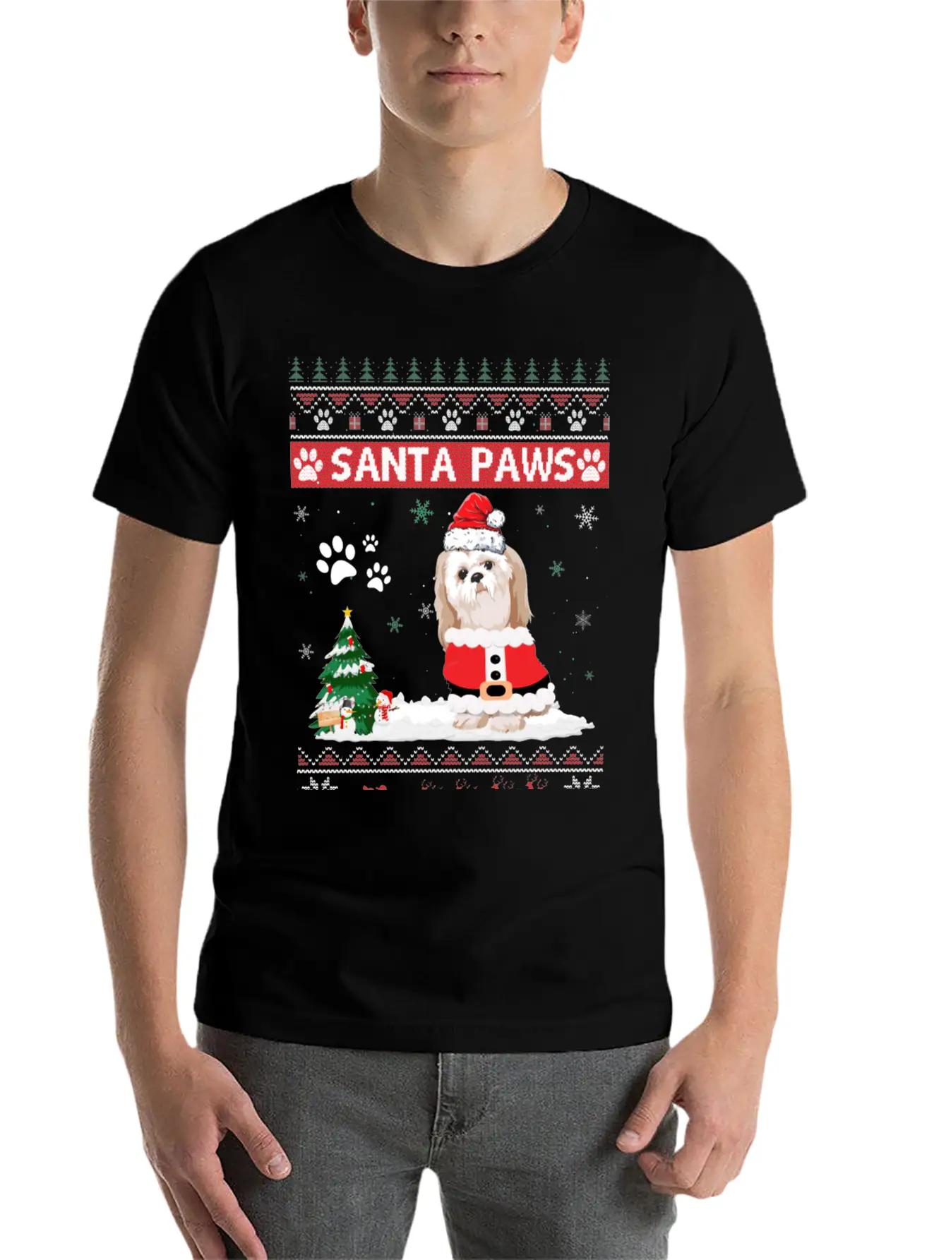 Santa Paws Shih Tzu Merry Christmas Dog Funny Xmas Casual Graphic T-Shirt – Simple And Comfortable Daily Wear