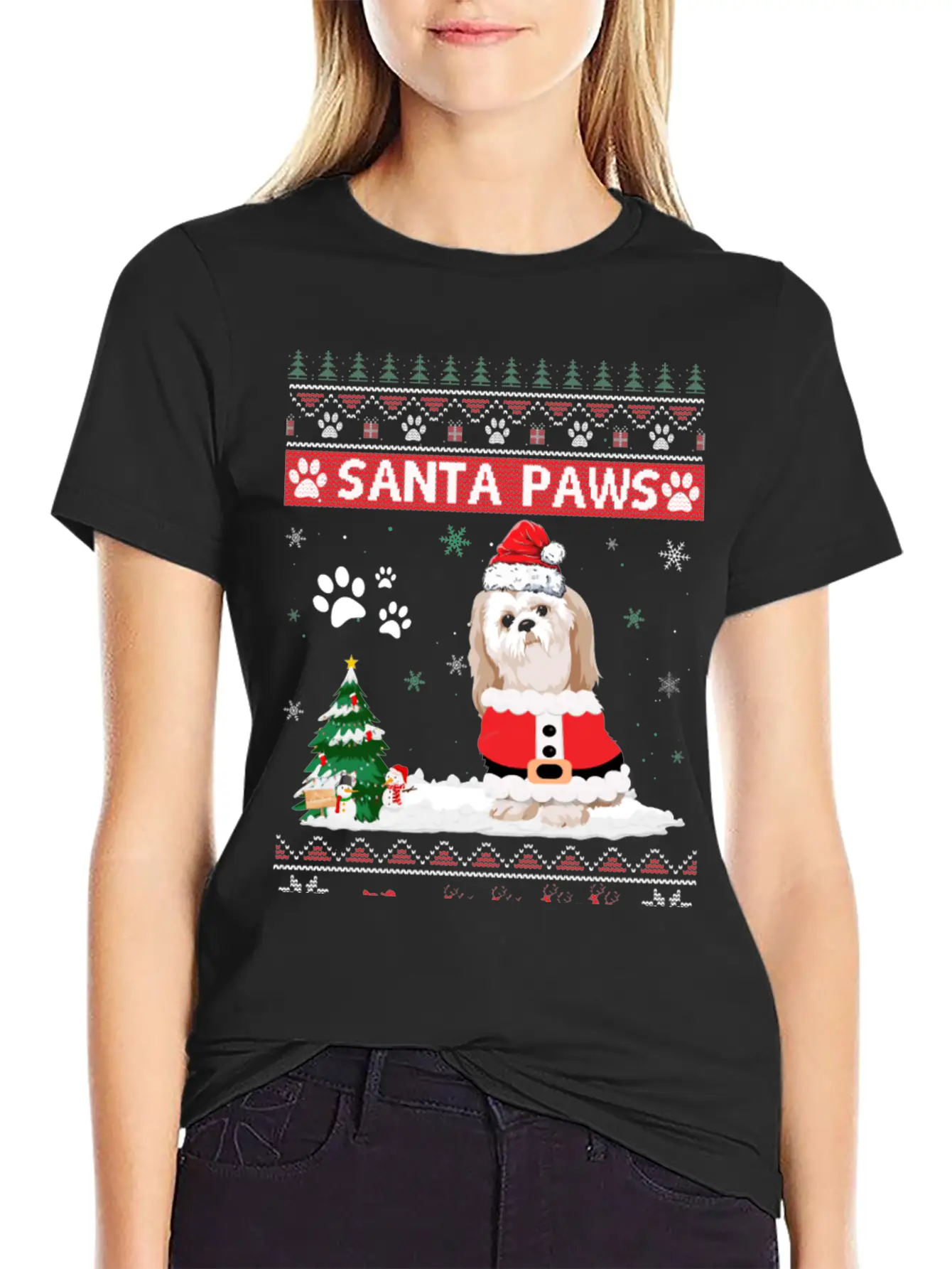 Santa Paws Shih Tzu Merry Christmas Dog Funny Xmas Casual Graphic T-Shirt – Simple And Comfortable Daily Wear