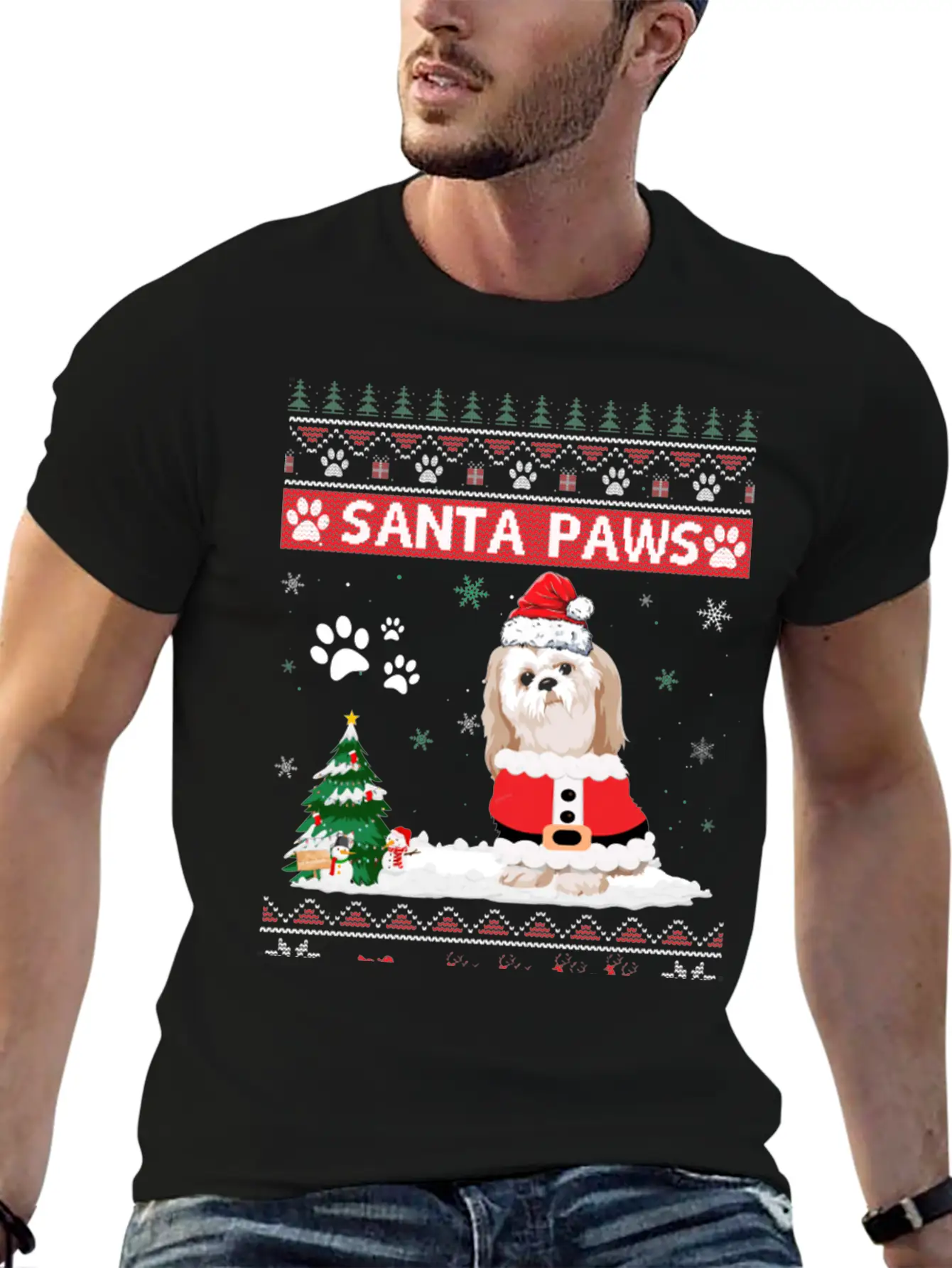 Santa Paws Shih Tzu Merry Christmas Dog Funny Xmas Casual Graphic T-Shirt – Simple And Comfortable Daily Wear