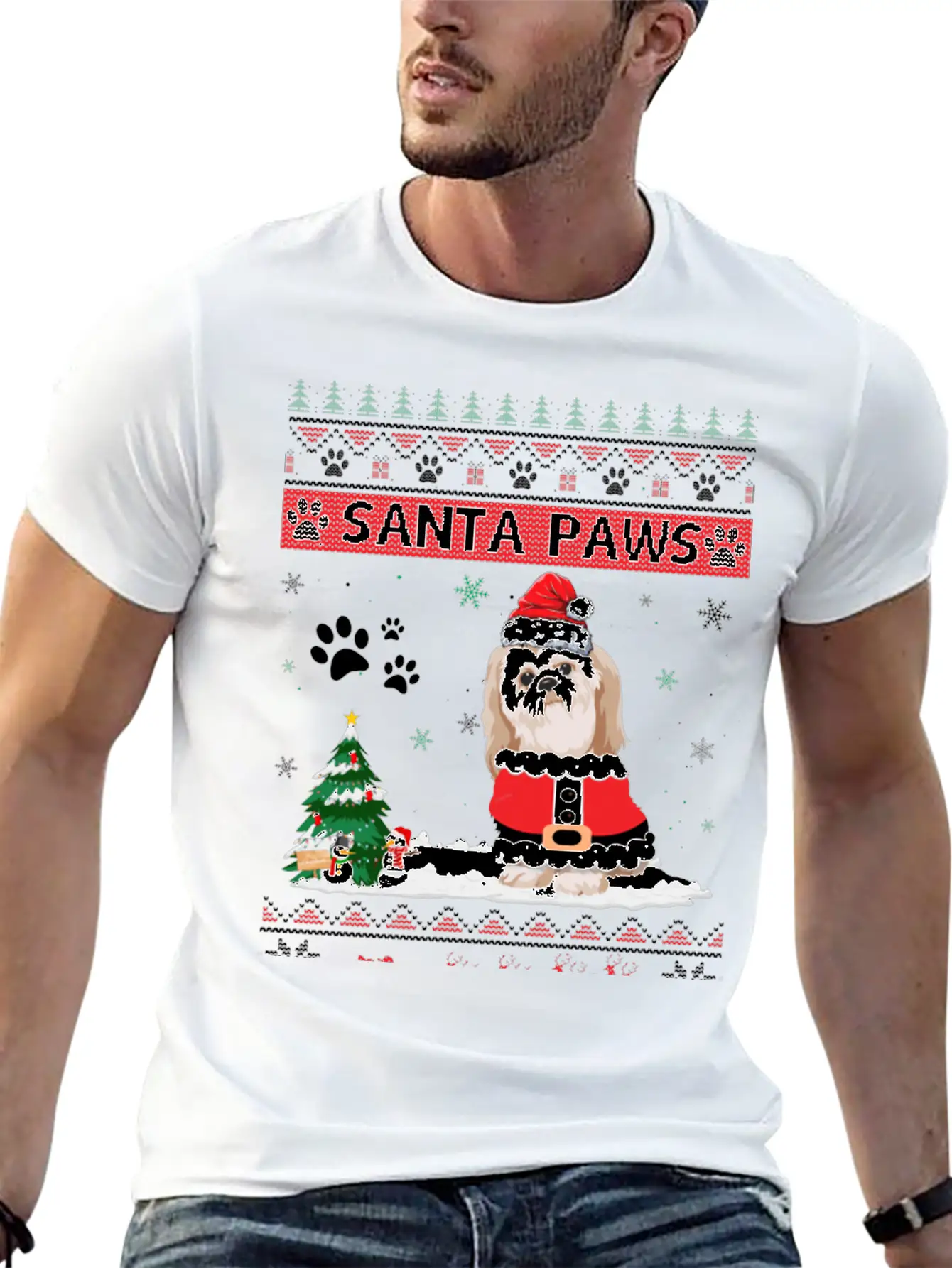 Santa Paws Shih Tzu Merry Christmas Dog Funny Xmas Casual Graphic T-Shirt – Simple And Comfortable Daily Wear
