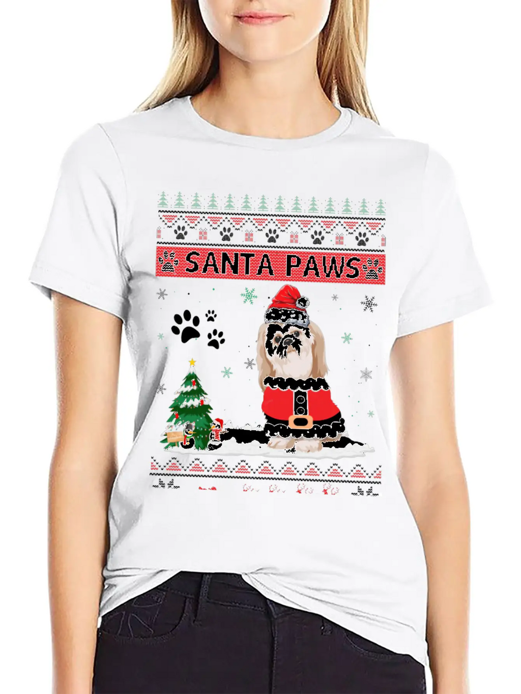 Santa Paws Shih Tzu Merry Christmas Dog Funny Xmas Casual Graphic T-Shirt – Simple And Comfortable Daily Wear