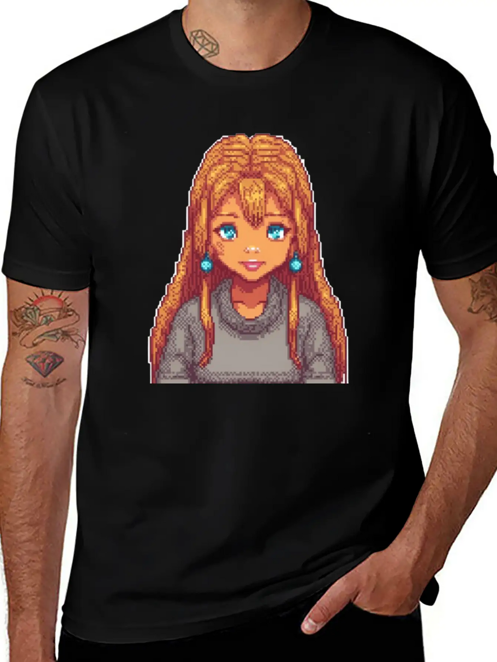 Sapphire Glow Pixel Portrait Casual Graphic T-Shirt – Simple And Comfortable Daily Wear
