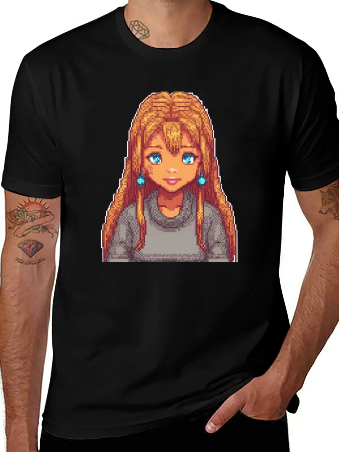 Sapphire Glow Pixel Portrait Casual Graphic T-Shirt – Simple And Comfortable Daily Wear
