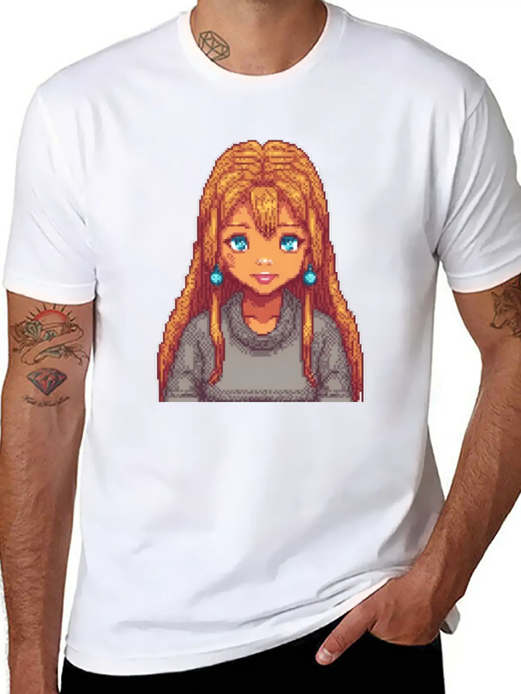 Sapphire Glow Pixel Portrait Casual Graphic T-Shirt – Simple And Comfortable Daily Wear
