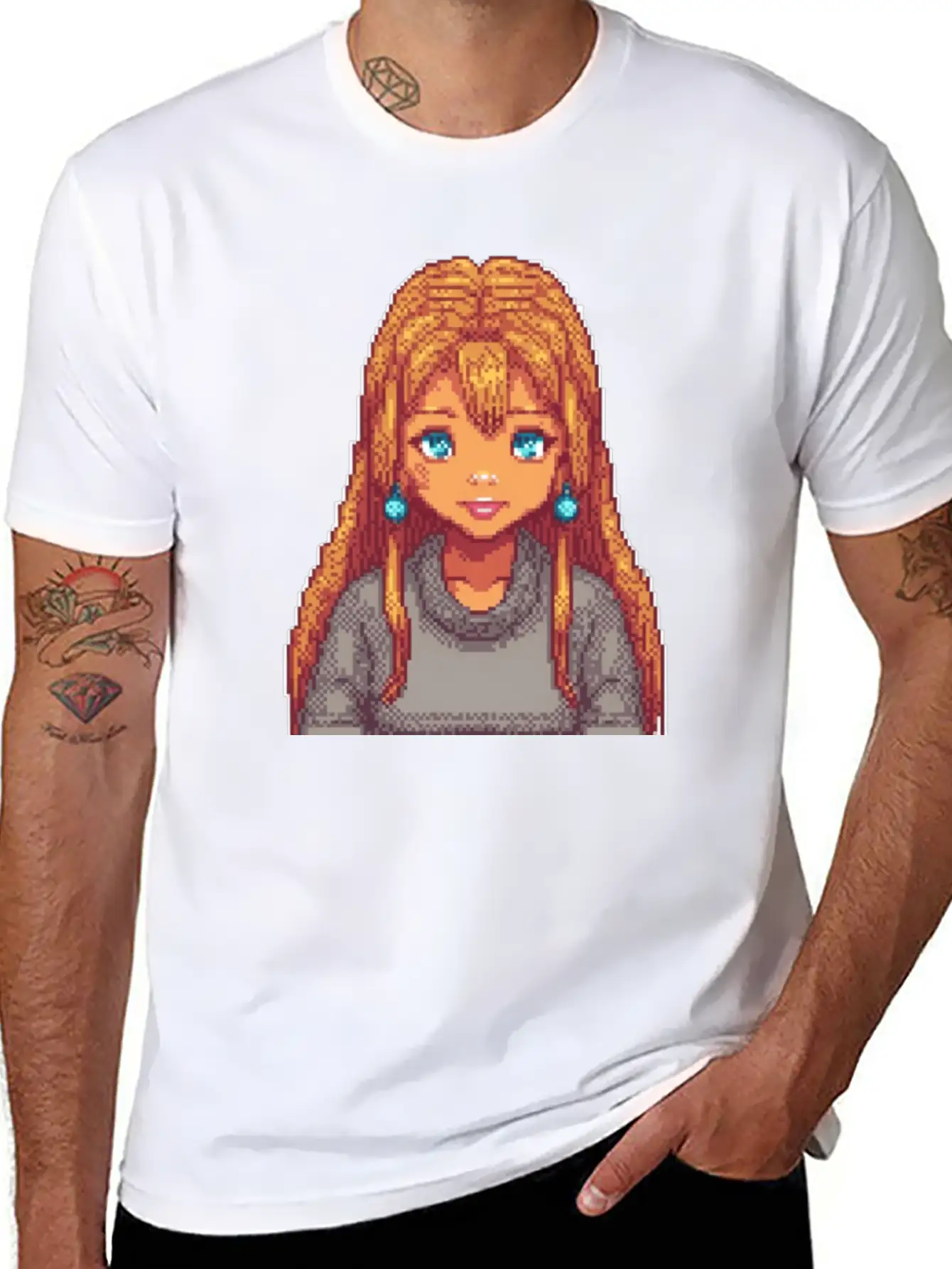 Sapphire Glow Pixel Portrait Casual Graphic T-Shirt – Simple And Comfortable Daily Wear