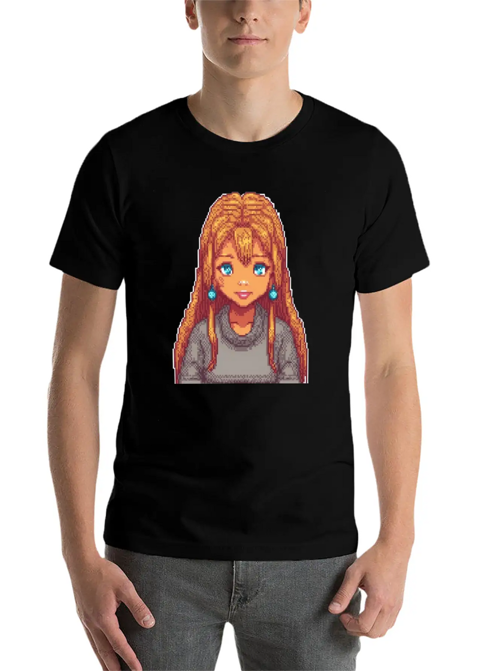 Sapphire Glow Pixel Portrait Casual Graphic T-Shirt – Simple And Comfortable Daily Wear