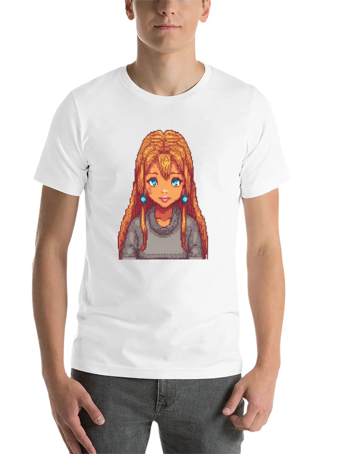 Sapphire Glow Pixel Portrait Casual Graphic T-Shirt – Simple And Comfortable Daily Wear