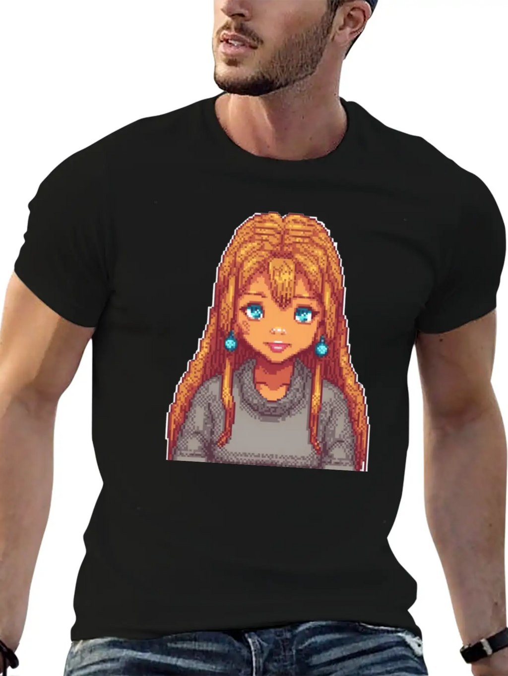 Sapphire Glow Pixel Portrait Casual Graphic T-Shirt – Simple And Comfortable Daily Wear