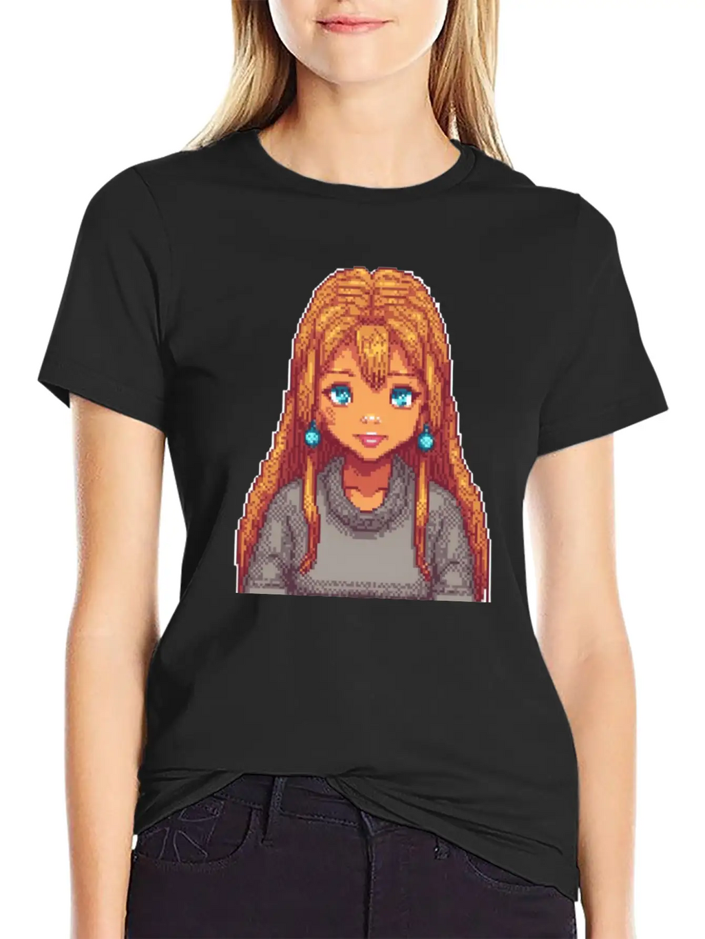 Sapphire Glow Pixel Portrait Casual Graphic T-Shirt – Simple And Comfortable Daily Wear