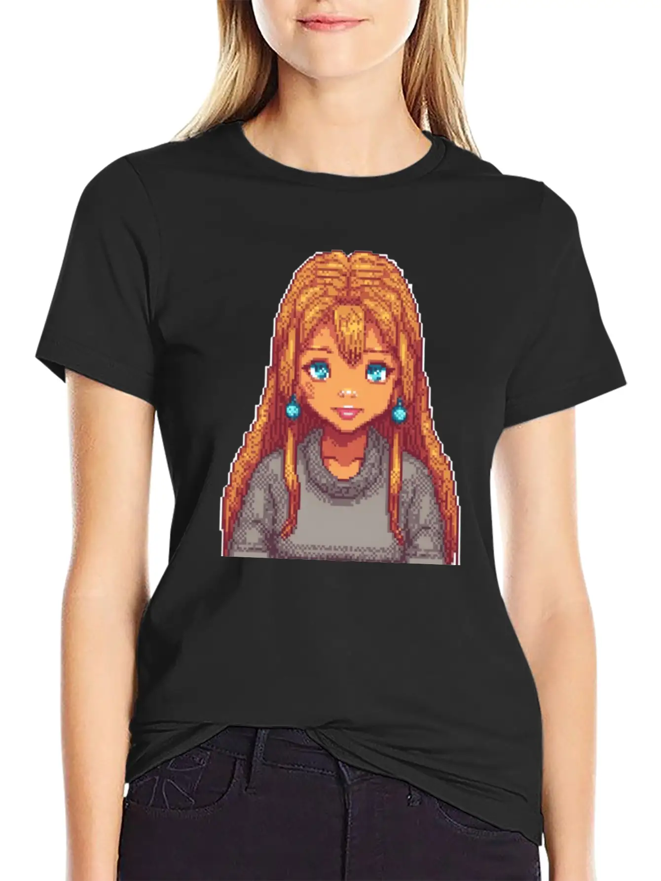 Sapphire Glow Pixel Portrait Casual Graphic T-Shirt – Simple And Comfortable Daily Wear
