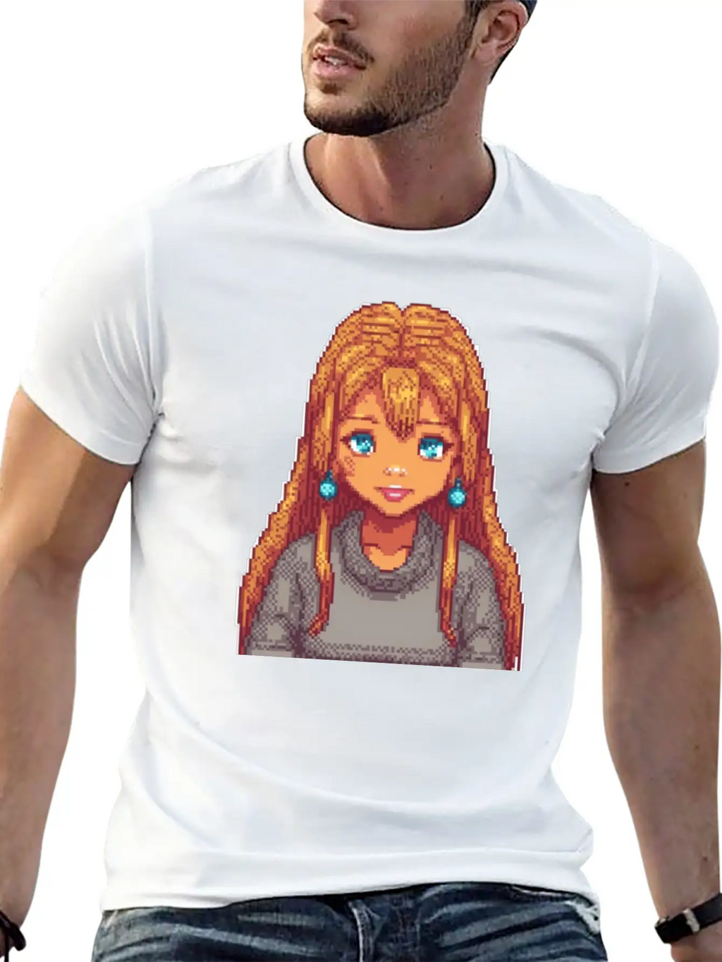 Sapphire Glow Pixel Portrait Casual Graphic T-Shirt – Simple And Comfortable Daily Wear