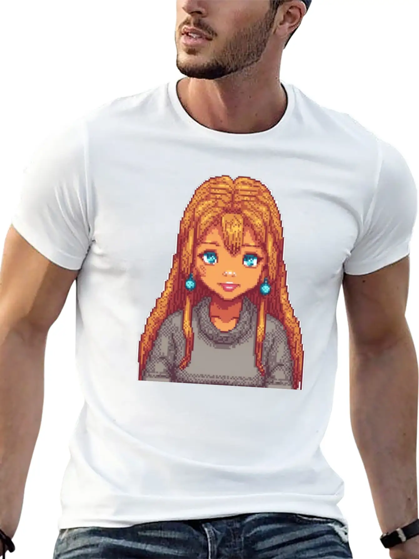 Sapphire Glow Pixel Portrait Casual Graphic T-Shirt – Simple And Comfortable Daily Wear