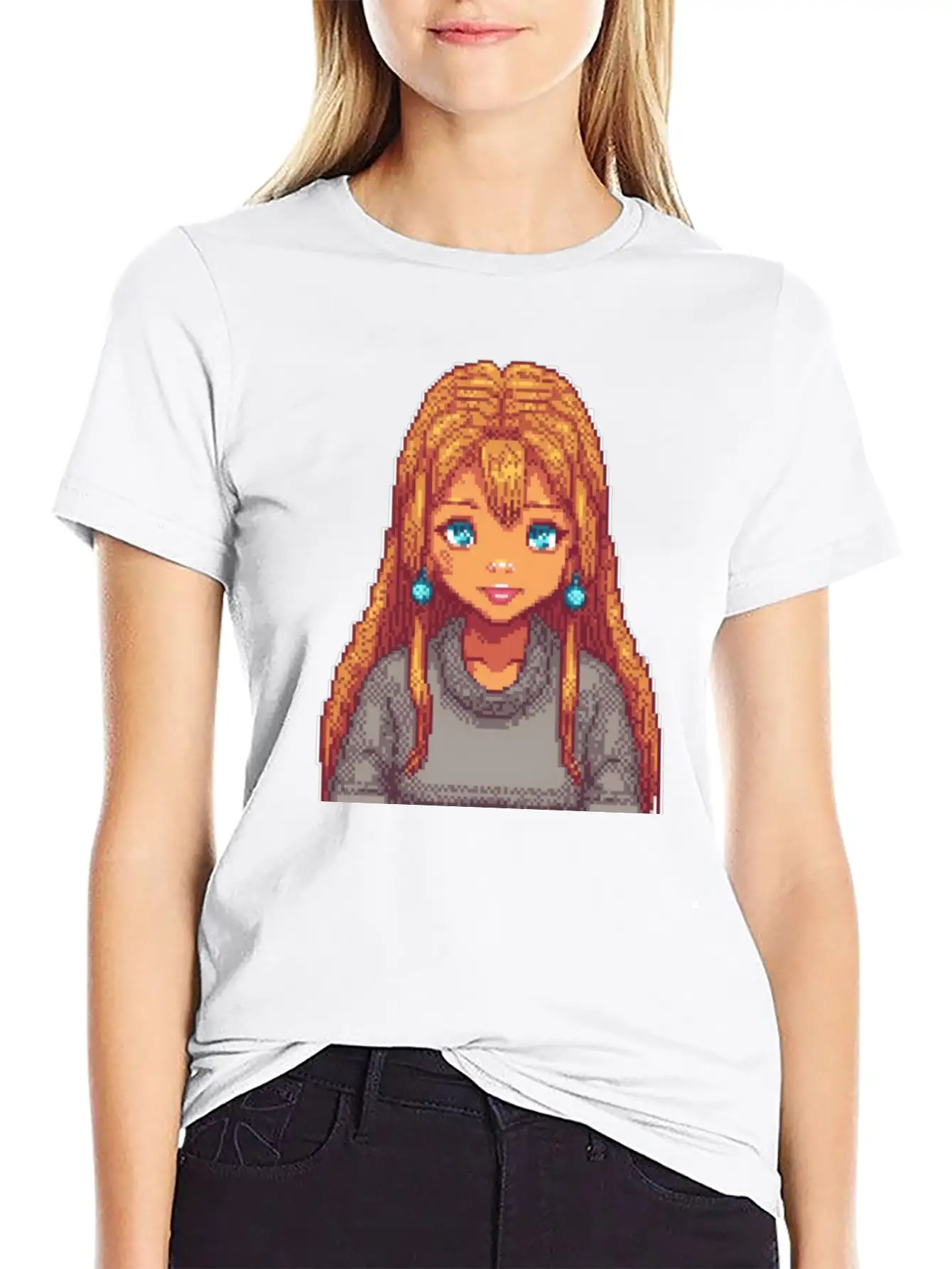 Sapphire Glow Pixel Portrait Casual Graphic T-Shirt – Simple And Comfortable Daily Wear