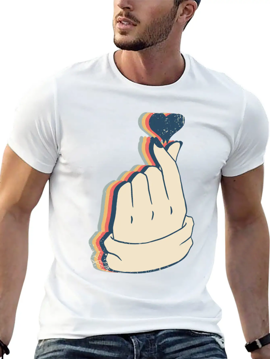Saranghae Kpop Finger Heart Kdrama Retro Line Art Breathable Soft Cotton T-Shirt – Timeless Casual Look