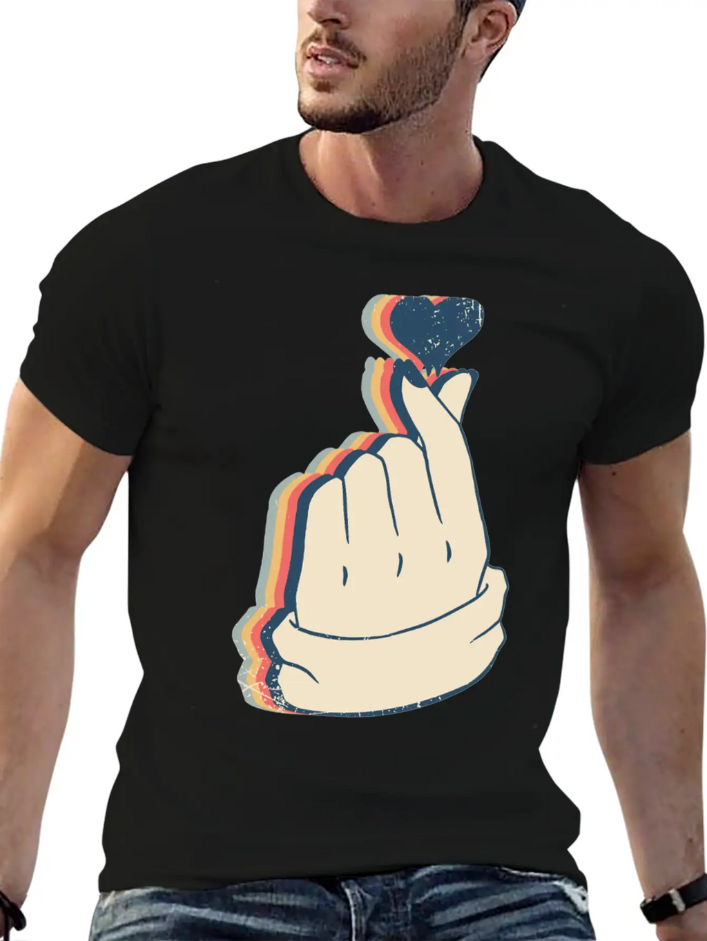 Saranghae Kpop Finger Heart Kdrama Retro Line Art Breathable Soft Cotton T-Shirt – Timeless Casual Look