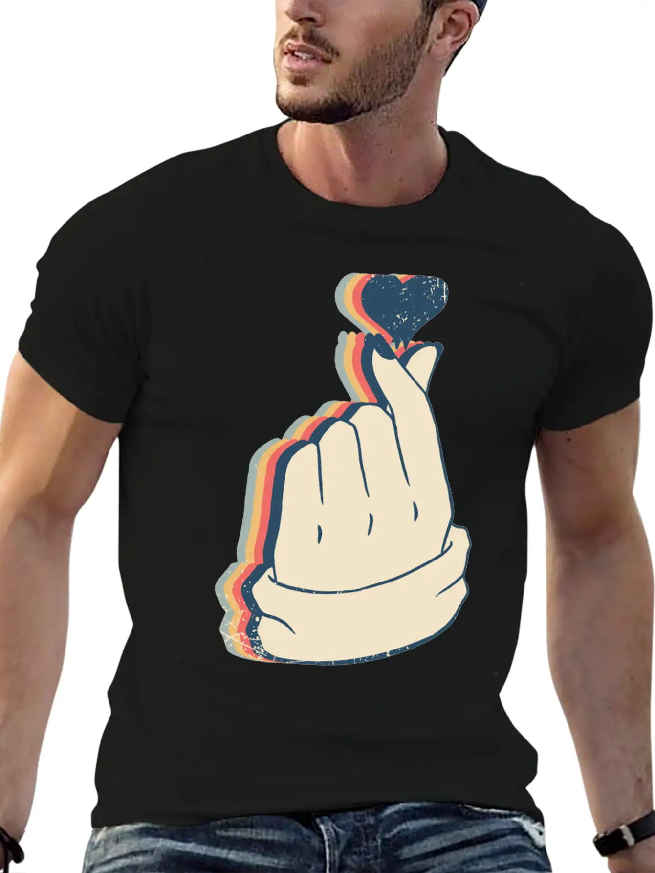 Saranghae Kpop Finger Heart Kdrama Retro Line Art Breathable Soft Cotton T-Shirt – Timeless Casual Look