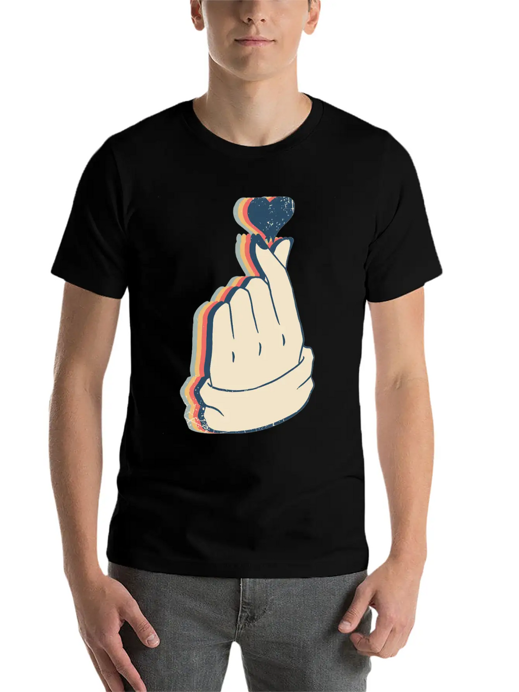 Saranghae Kpop Finger Heart Kdrama Retro Line Art Breathable Soft Cotton T-Shirt – Timeless Casual Look