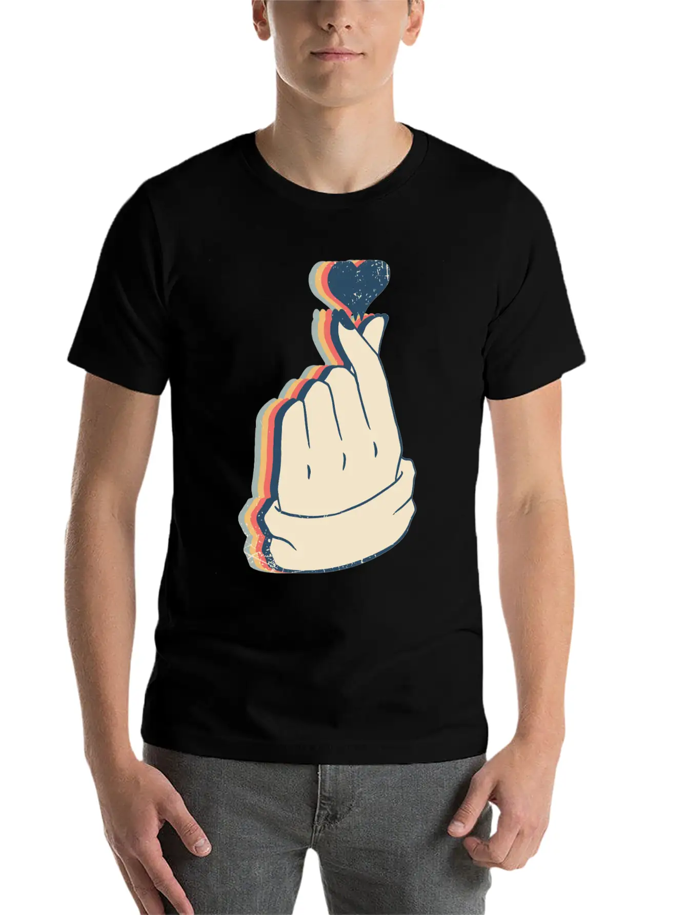 Saranghae Kpop Finger Heart Kdrama Retro Line Art Breathable Soft Cotton T-Shirt – Timeless Casual Look