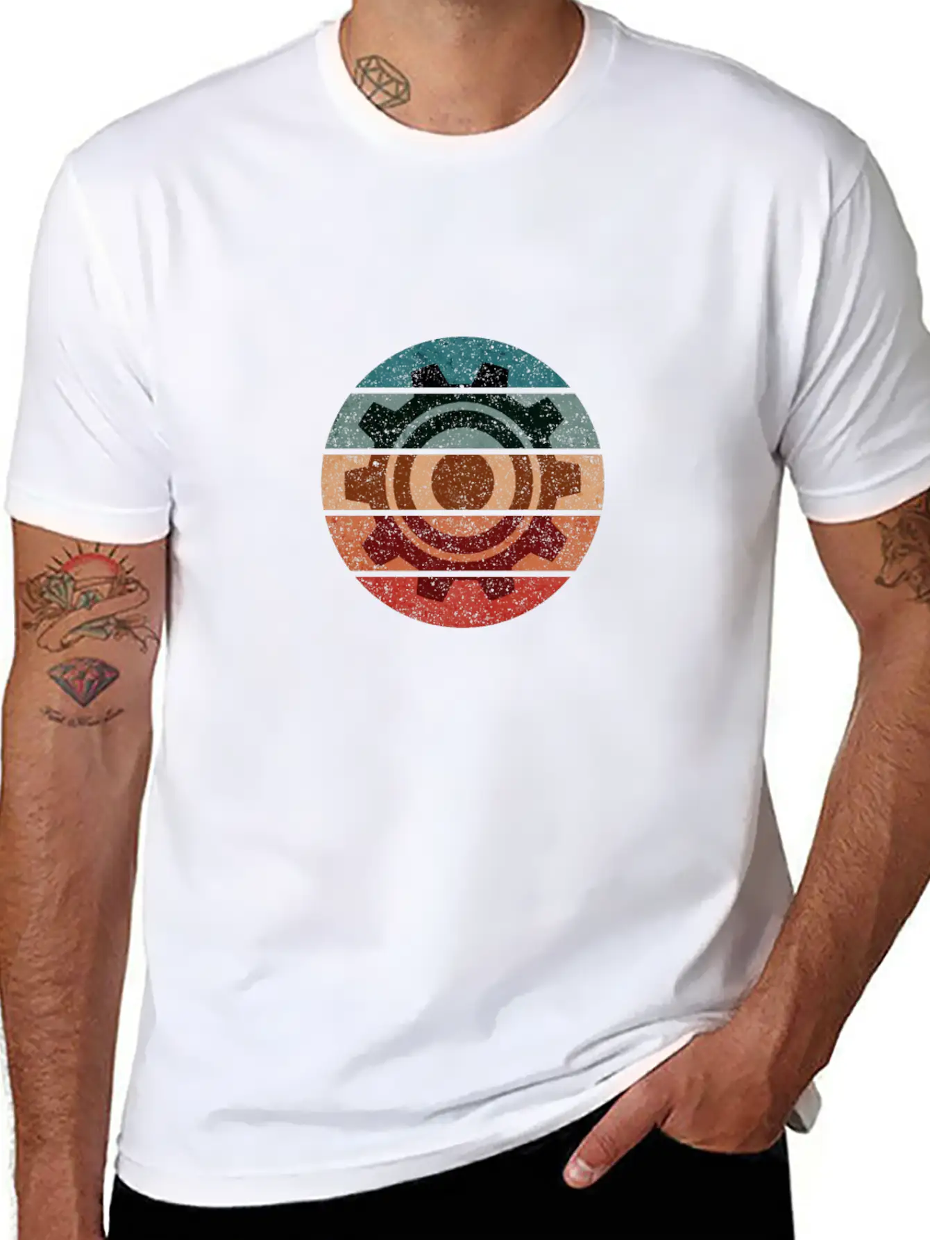 Science Engineer Gear Sunset Grunge Retro Icon Stylish Everyday T-Shirt – Unisex Basic Cotton Tee