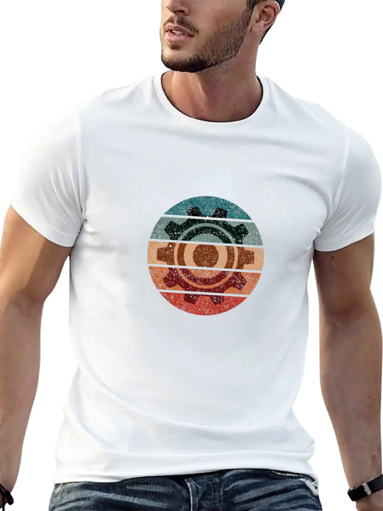 Science Engineer Gear Sunset Grunge Retro Icon Stylish Everyday T-Shirt – Unisex Basic Cotton Tee