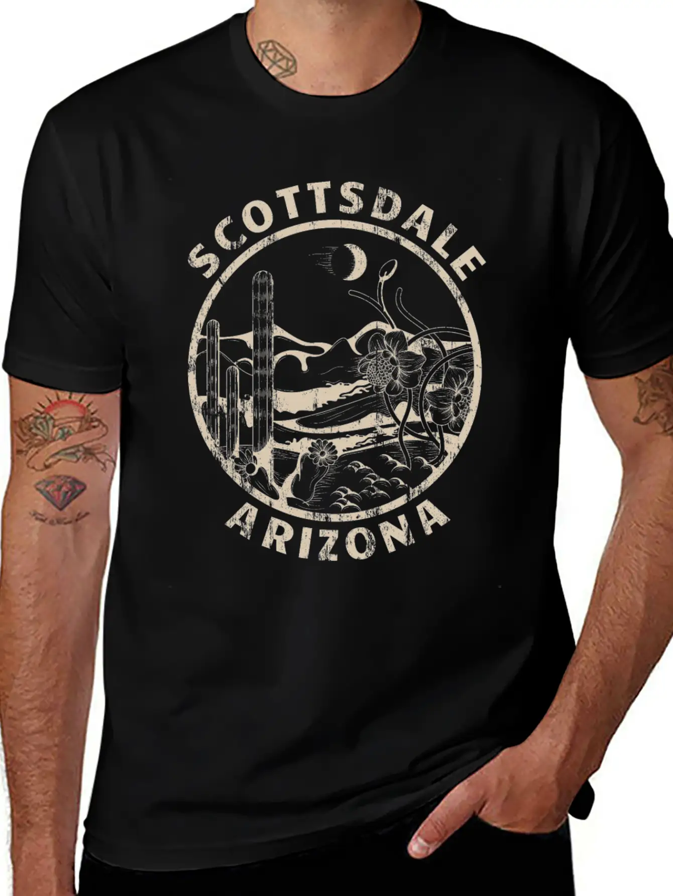 Scottsdale Arizona Linocut Distressed Desert Breathable Soft Cotton T-Shirt – Timeless Casual Look