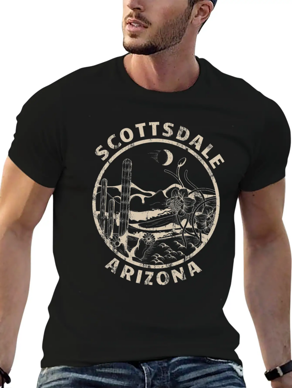 Scottsdale Arizona Linocut Distressed Desert Breathable Soft Cotton T-Shirt – Timeless Casual Look