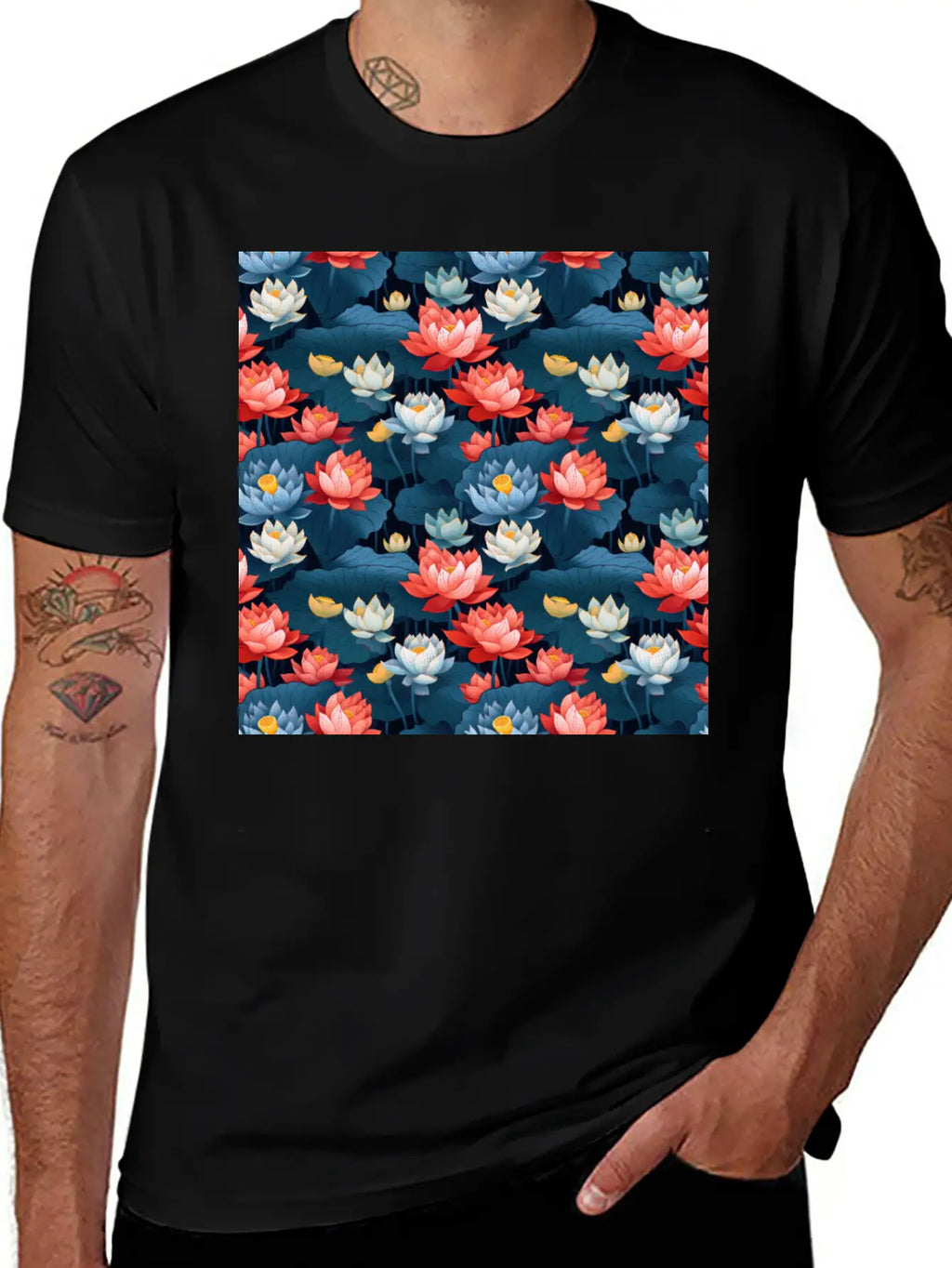 Serenity Blooms: Timeless Lotus Flower Pattern Essential Cotton Tee For Daily Outfits – Unisex Style