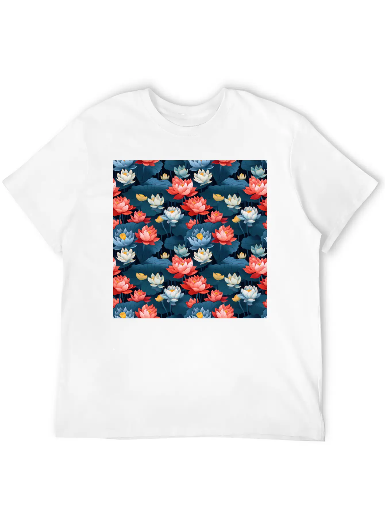 Serenity Blooms: Timeless Lotus Flower Pattern Essential Cotton Tee For Daily Outfits – Unisex Style