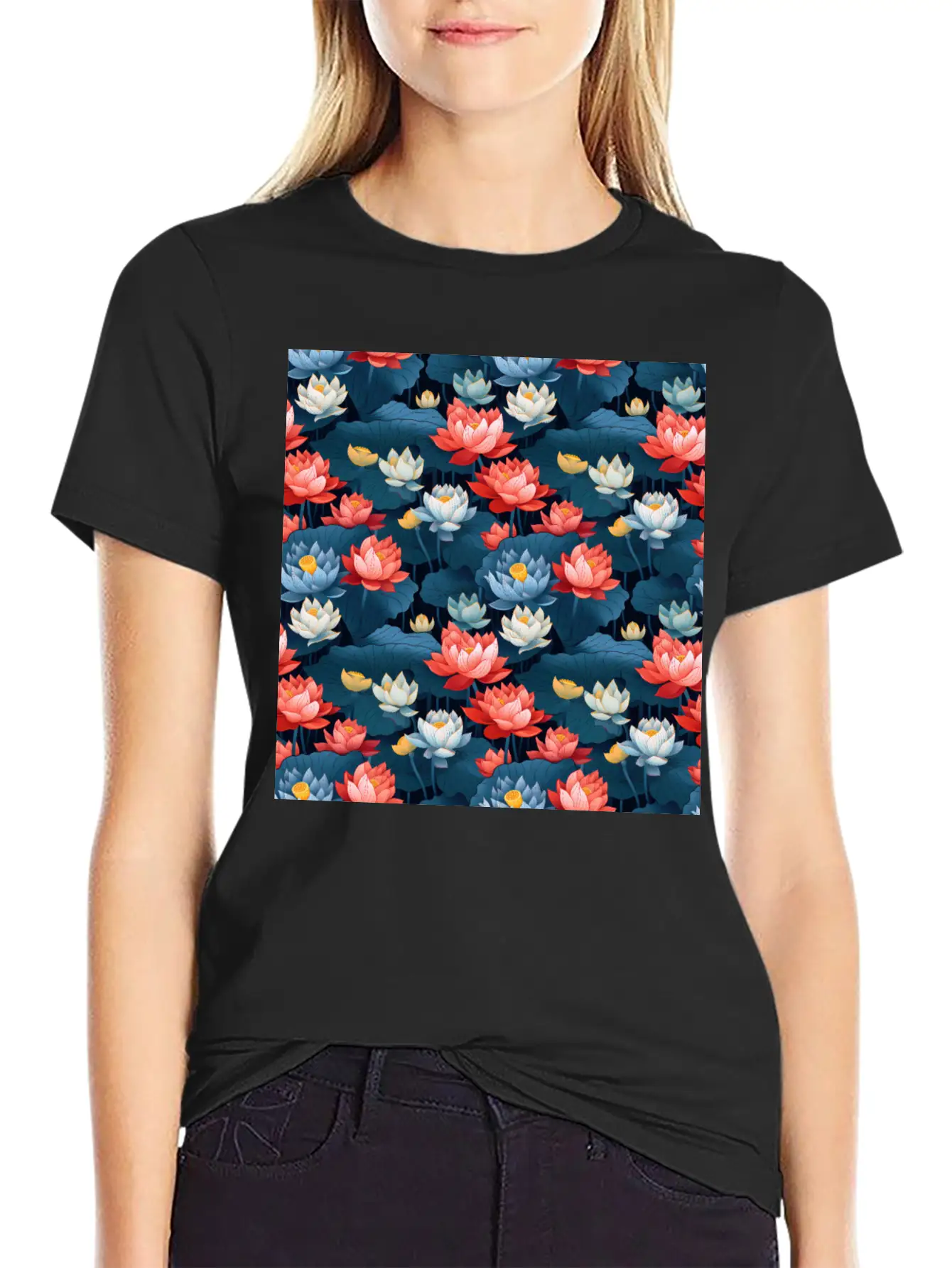 Serenity Blooms: Timeless Lotus Flower Pattern Essential Cotton Tee For Daily Outfits – Unisex Style