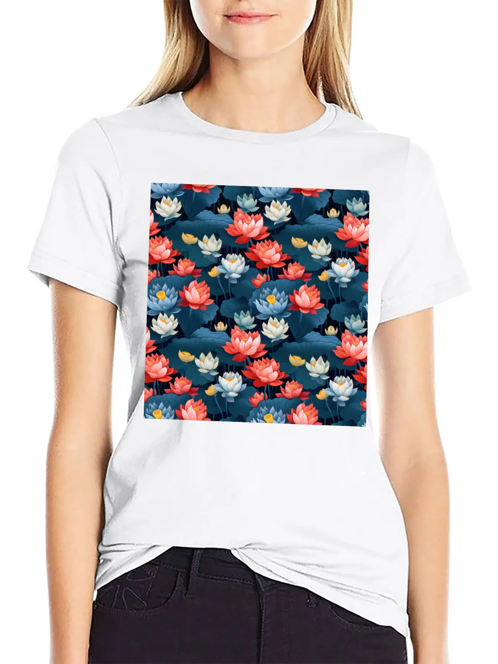 Serenity Blooms: Timeless Lotus Flower Pattern Essential Cotton Tee For Daily Outfits – Unisex Style