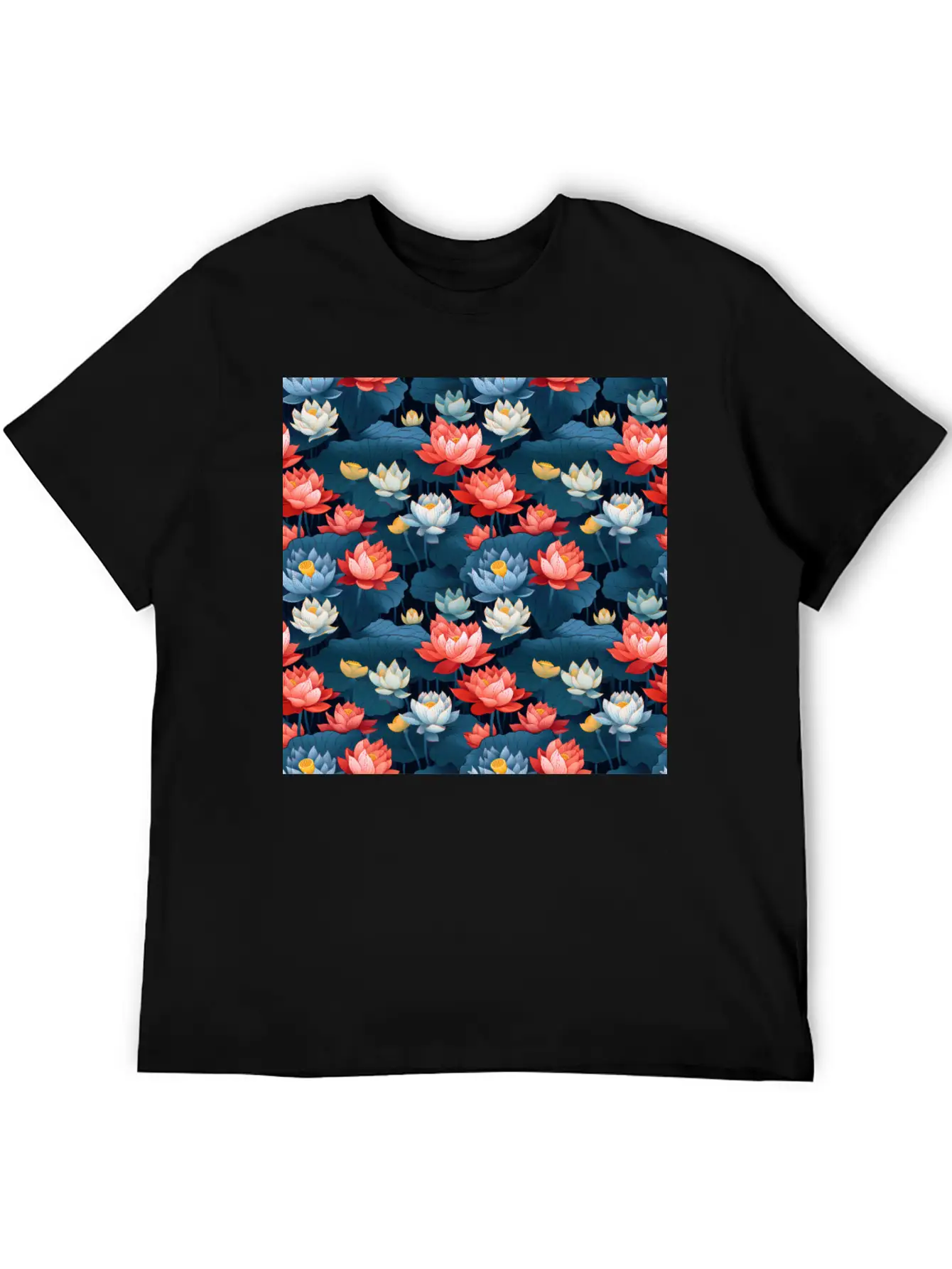 Serenity Blooms: Timeless Lotus Flower Pattern Essential Cotton Tee For Daily Outfits – Unisex Style