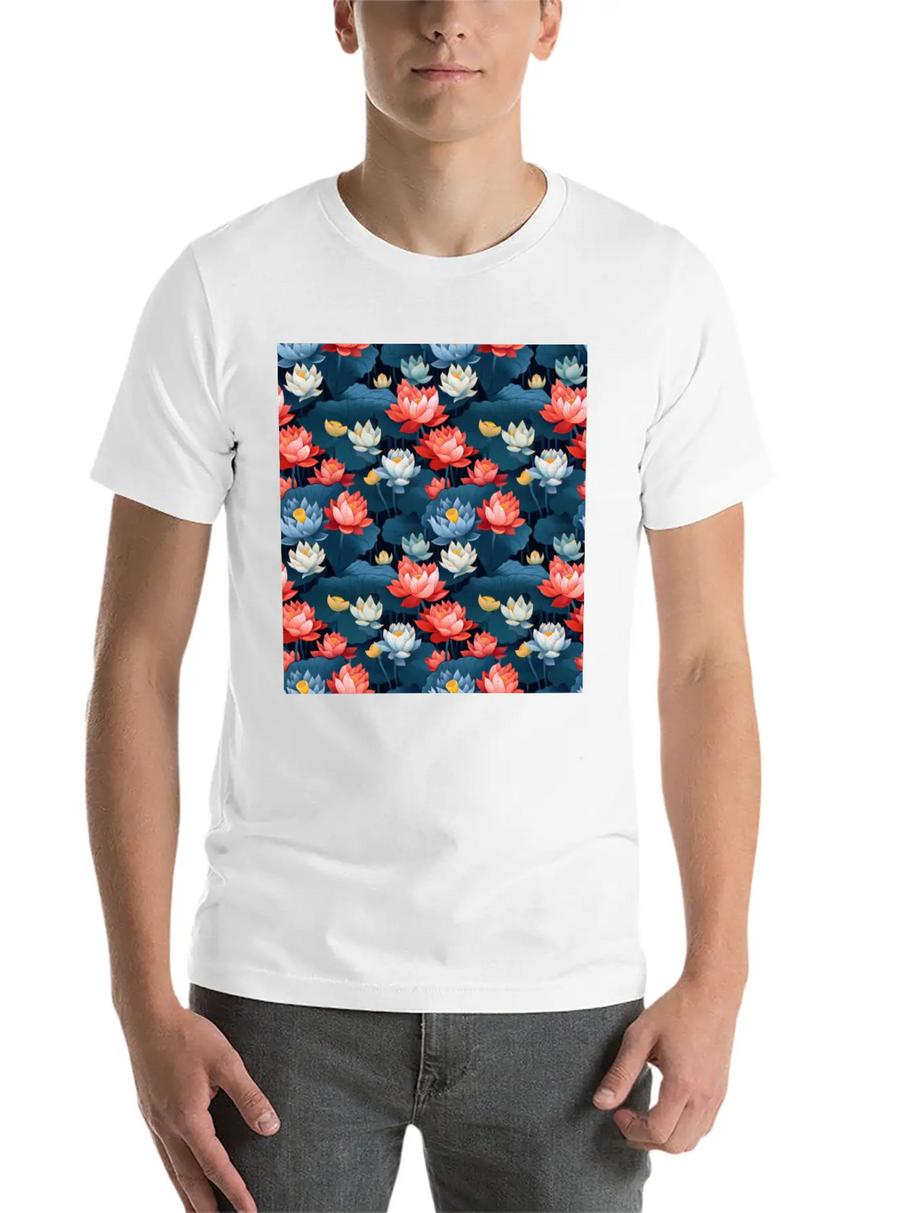 Serenity Blooms: Timeless Lotus Flower Pattern Essential Cotton Tee For Daily Outfits – Unisex Style