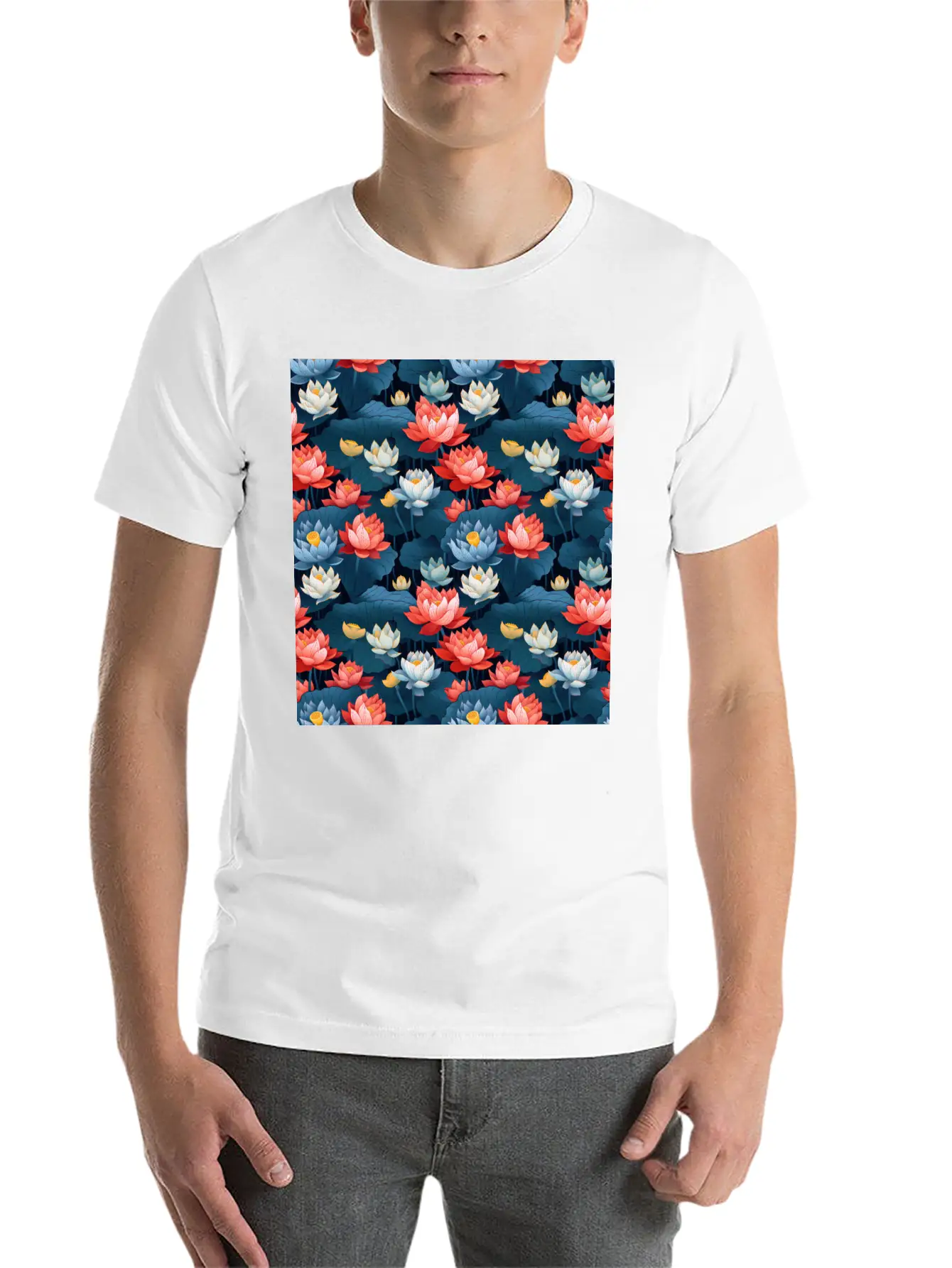 Serenity Blooms: Timeless Lotus Flower Pattern Essential Cotton Tee For Daily Outfits – Unisex Style