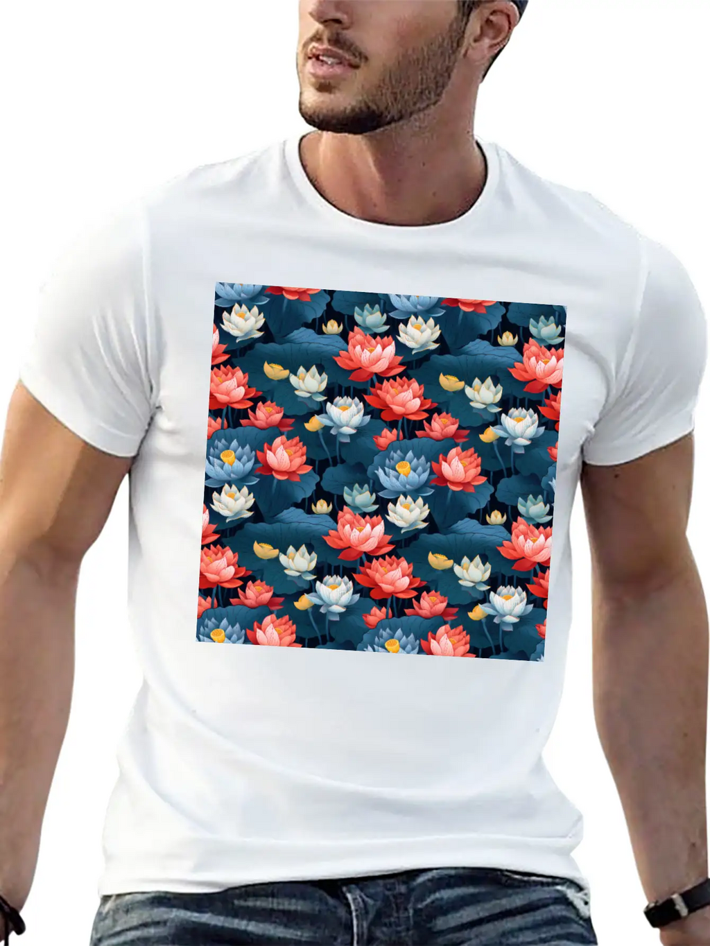 Serenity Blooms: Timeless Lotus Flower Pattern Essential Cotton Tee For Daily Outfits – Unisex Style