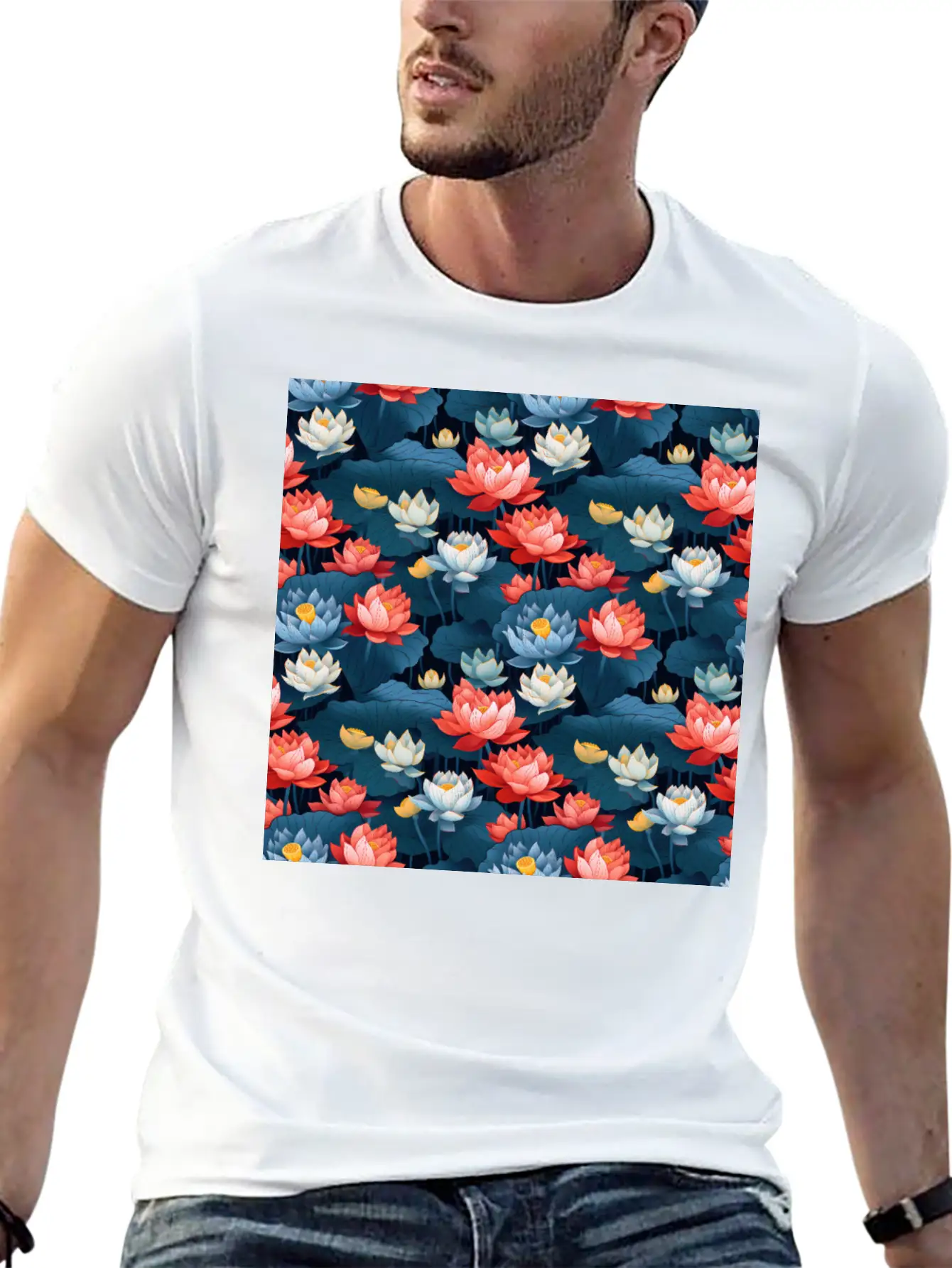 Serenity Blooms: Timeless Lotus Flower Pattern Essential Cotton Tee For Daily Outfits – Unisex Style