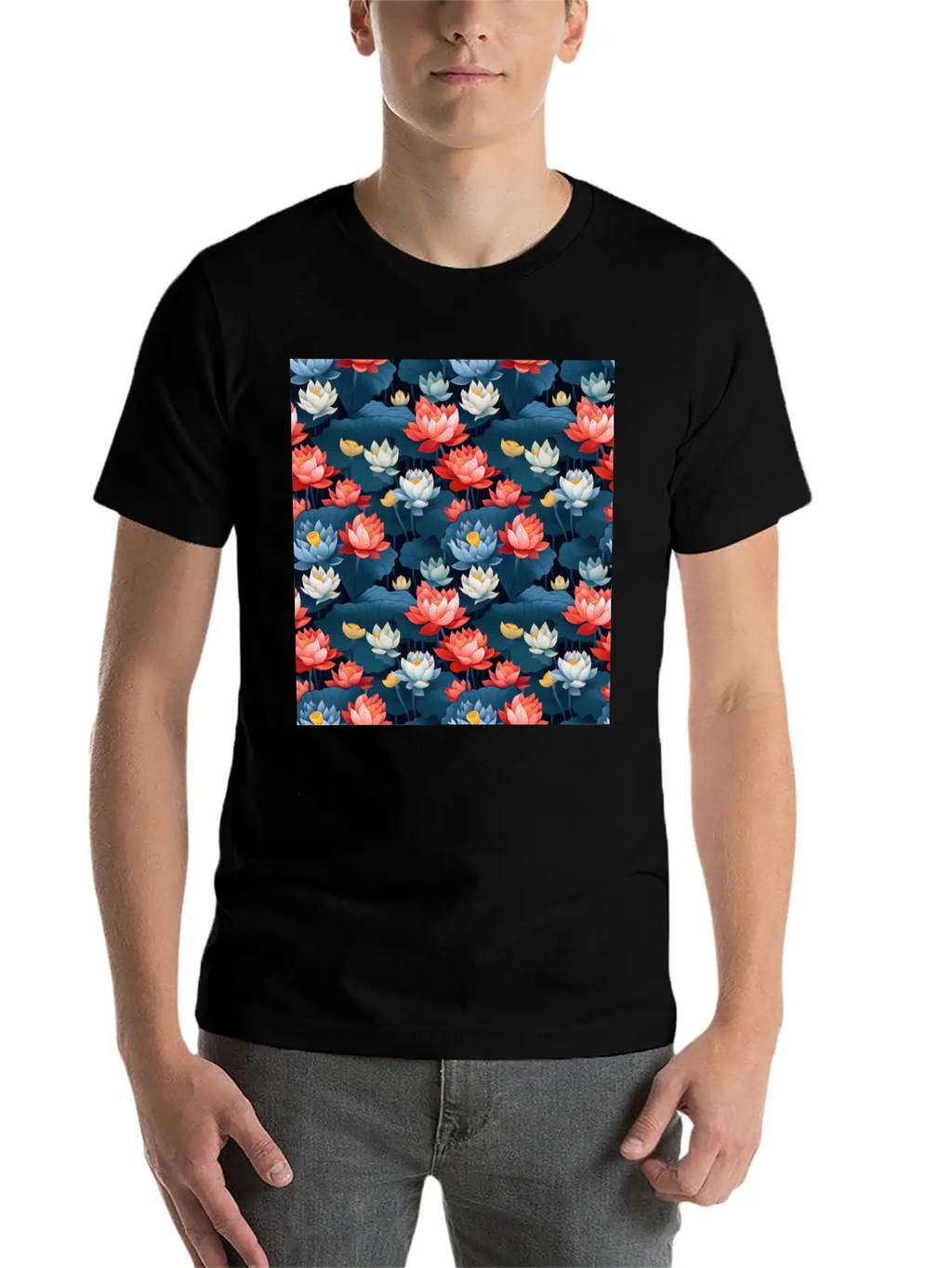 Serenity Blooms: Timeless Lotus Flower Pattern Essential Cotton Tee For Daily Outfits – Unisex Style