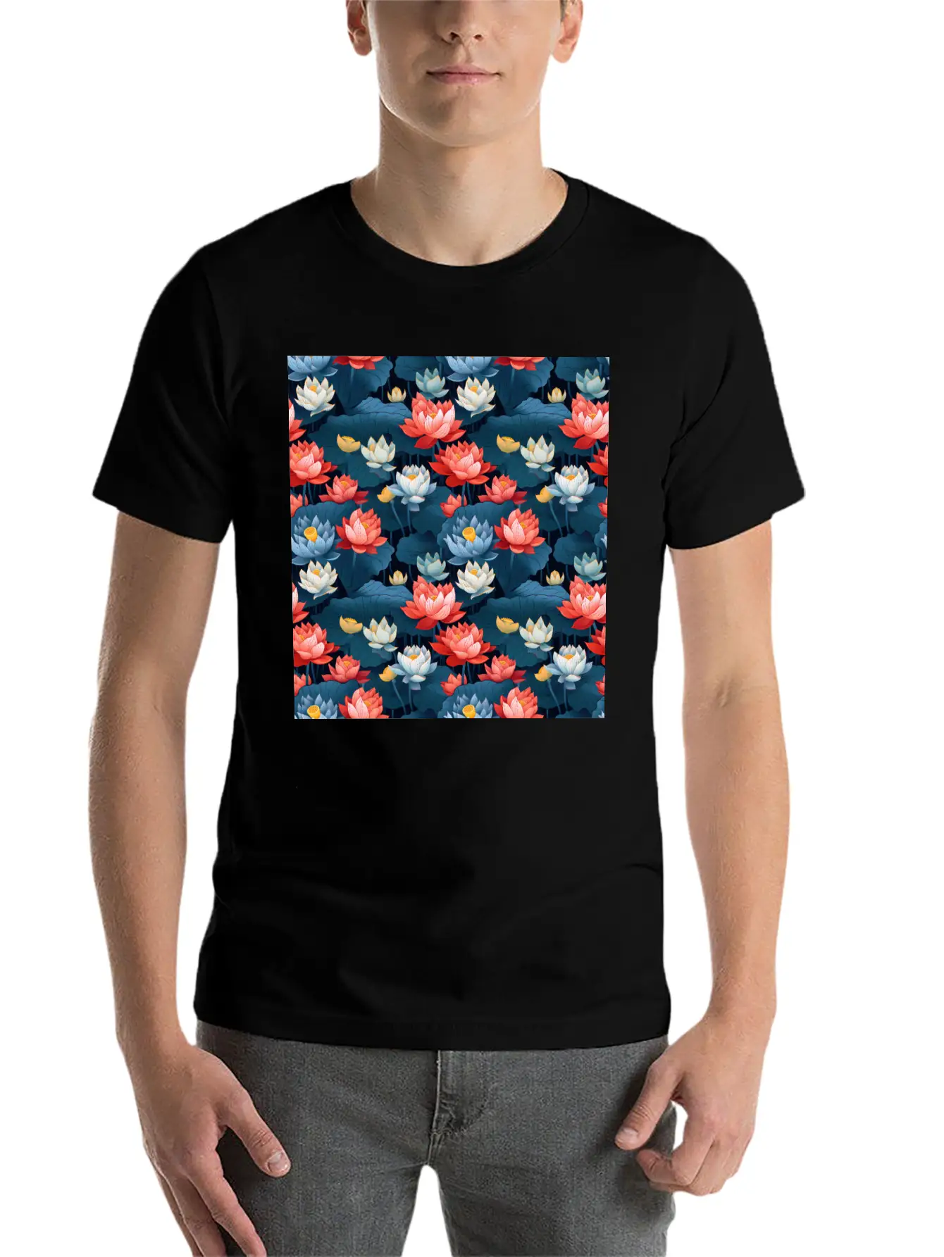 Serenity Blooms: Timeless Lotus Flower Pattern Essential Cotton Tee For Daily Outfits – Unisex Style