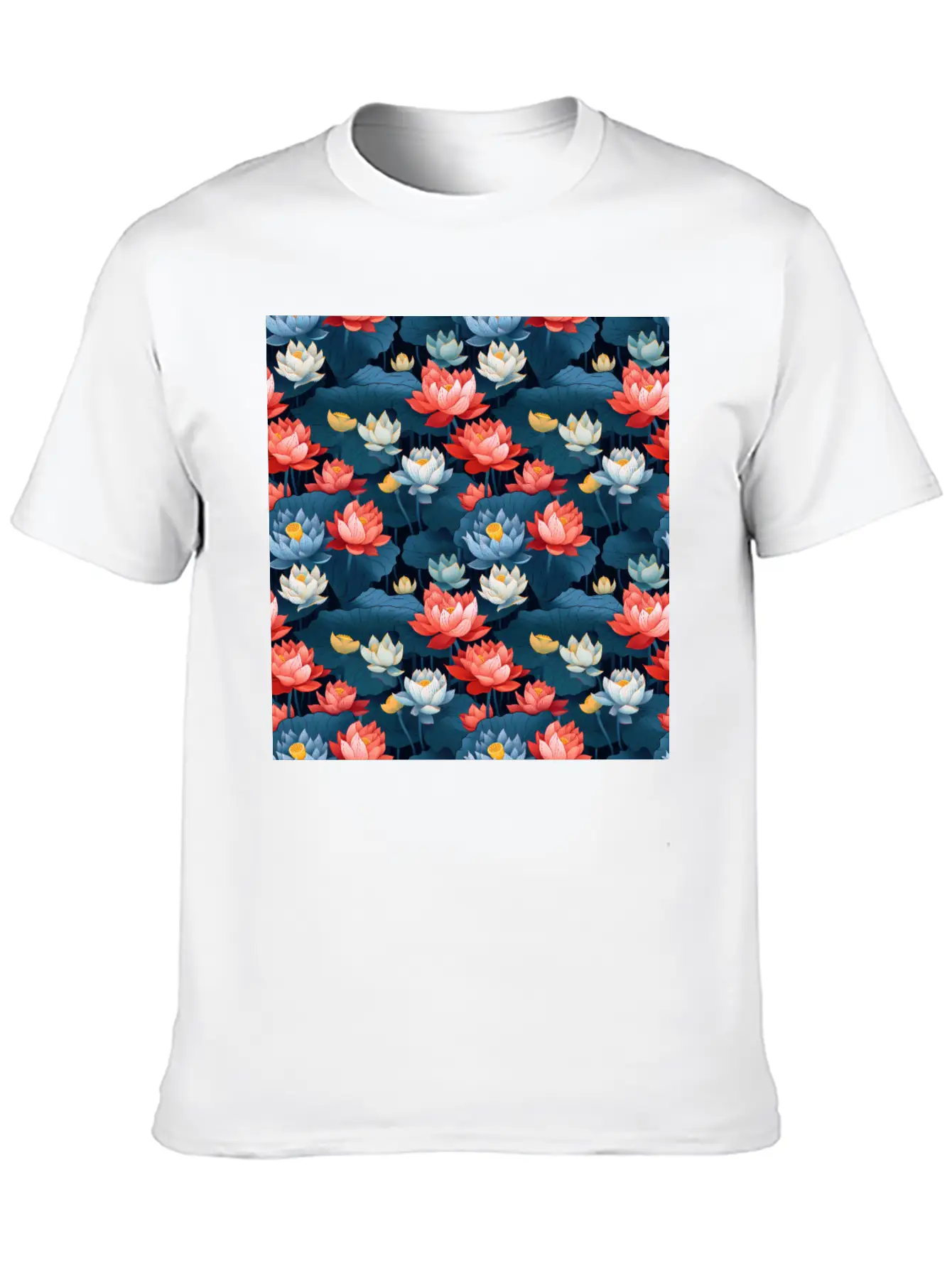 Serenity Blooms: Timeless Lotus Flower Pattern Essential Cotton Tee For Daily Outfits – Unisex Style
