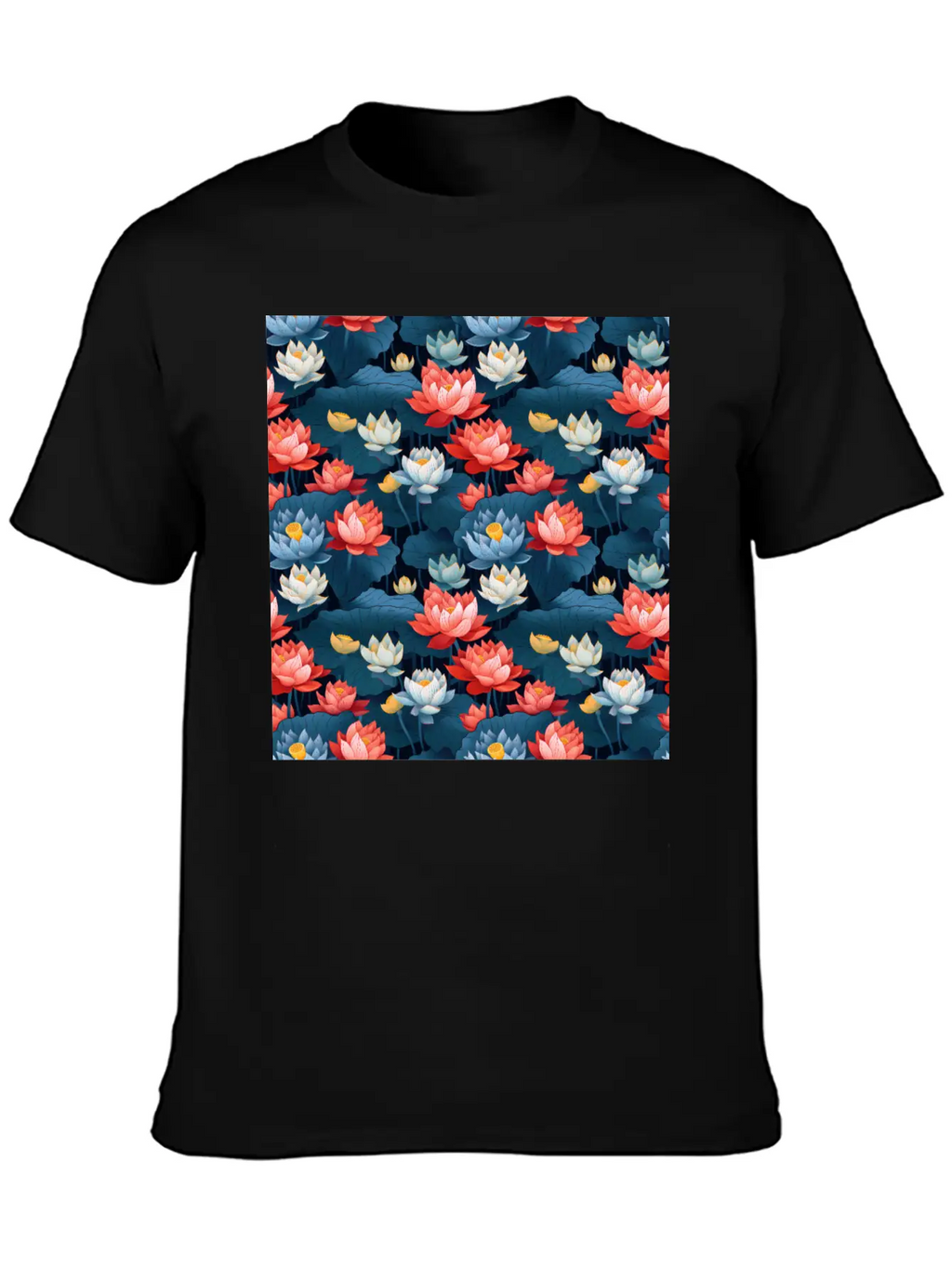 Serenity Blooms: Timeless Lotus Flower Pattern Essential Cotton Tee For Daily Outfits – Unisex Style