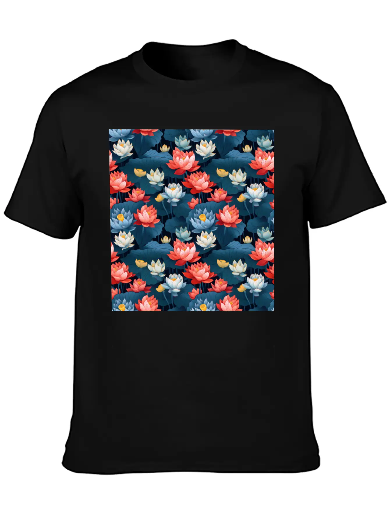 Serenity Blooms: Timeless Lotus Flower Pattern Essential Cotton Tee For Daily Outfits – Unisex Style