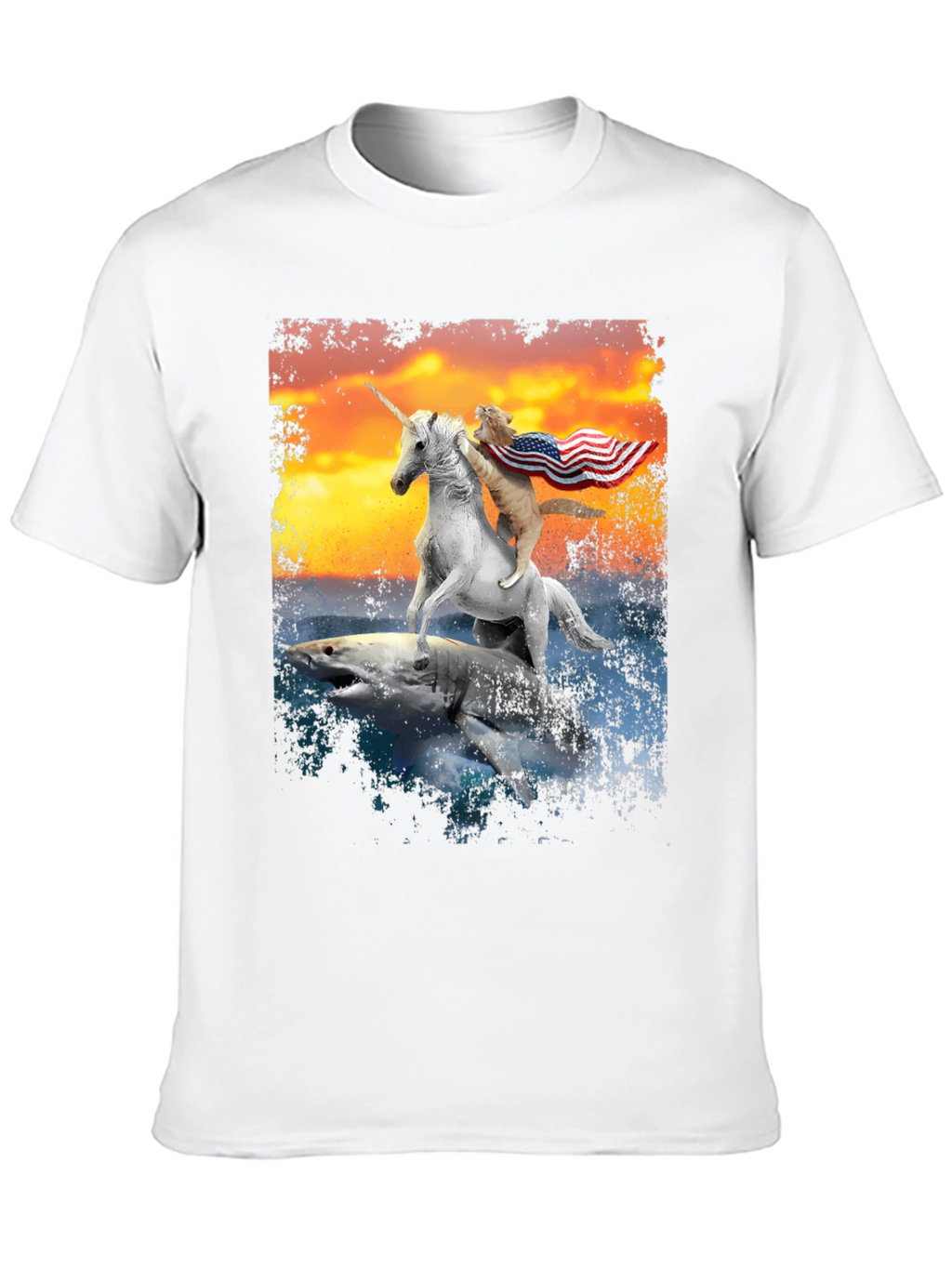 Cat Riding Unicorn on Shark T-Shirt