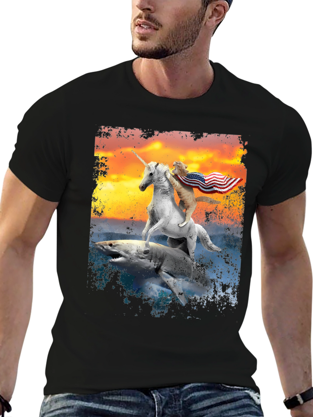 Cat Riding Unicorn on Shark T-Shirt