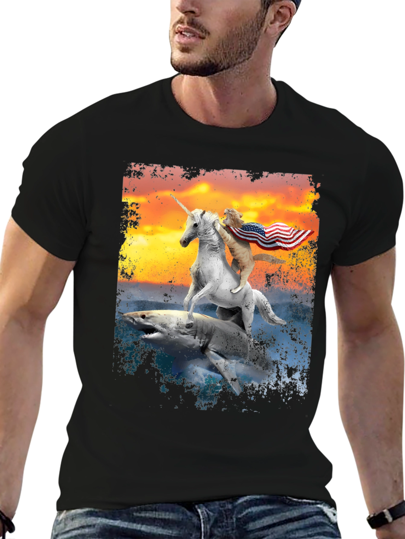Cat Riding Unicorn on Shark T-Shirt