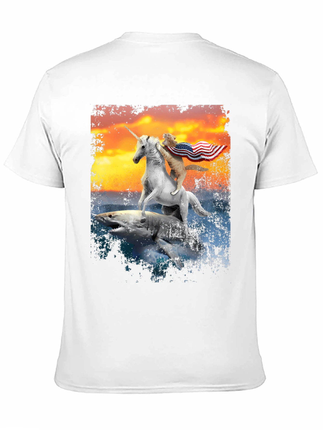 Cat Riding Unicorn on Shark T-Shirt
