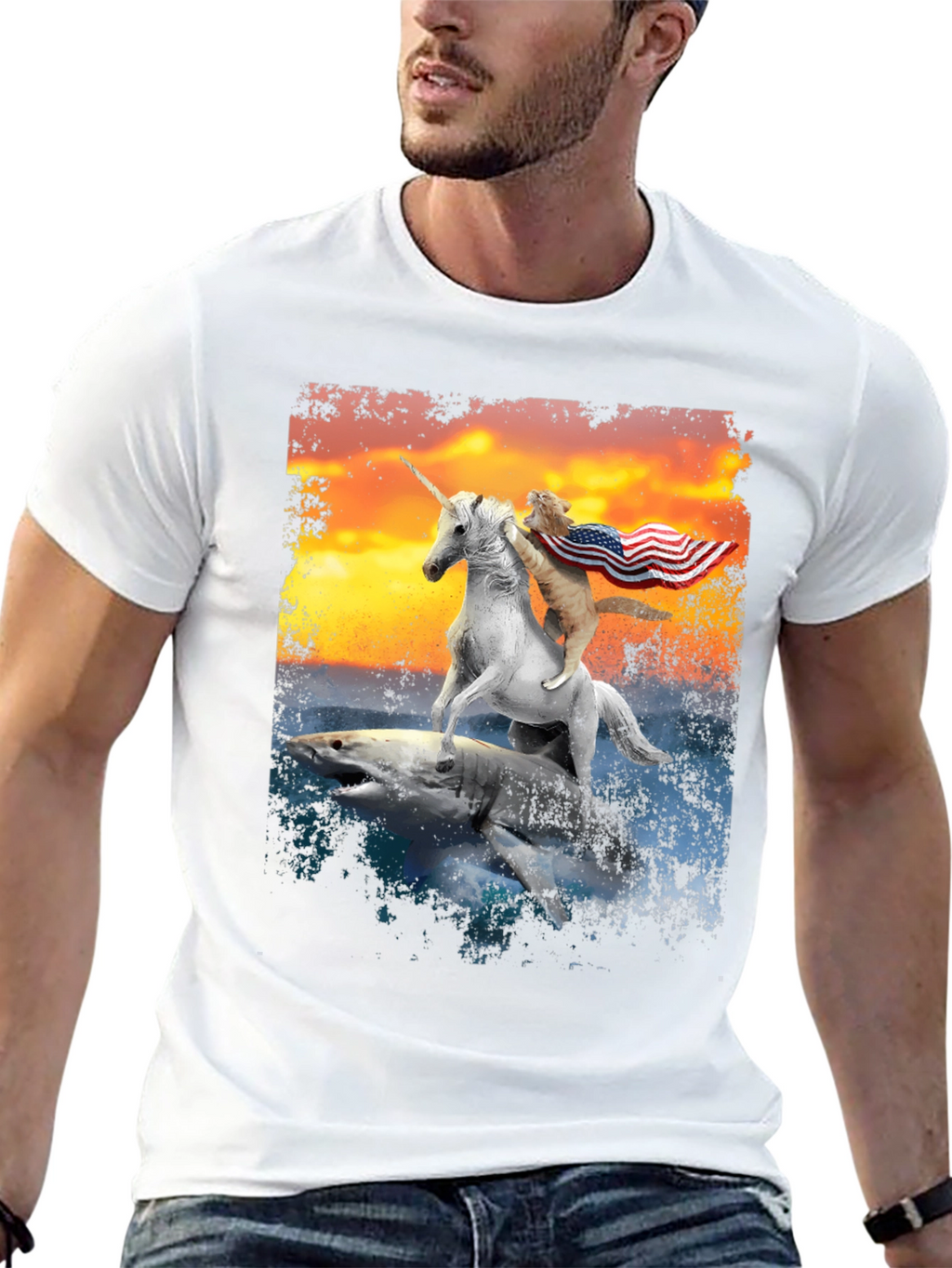Cat Riding Unicorn on Shark T-Shirt