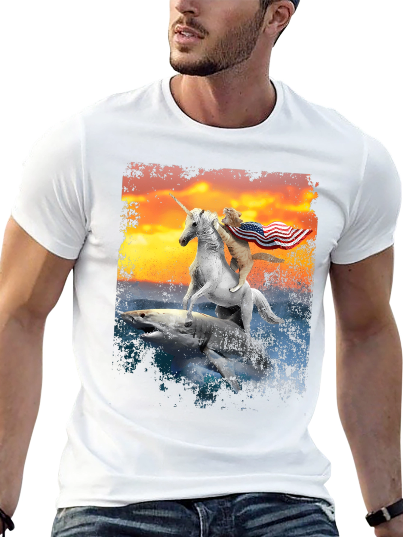 Cat Riding Unicorn on Shark T-Shirt