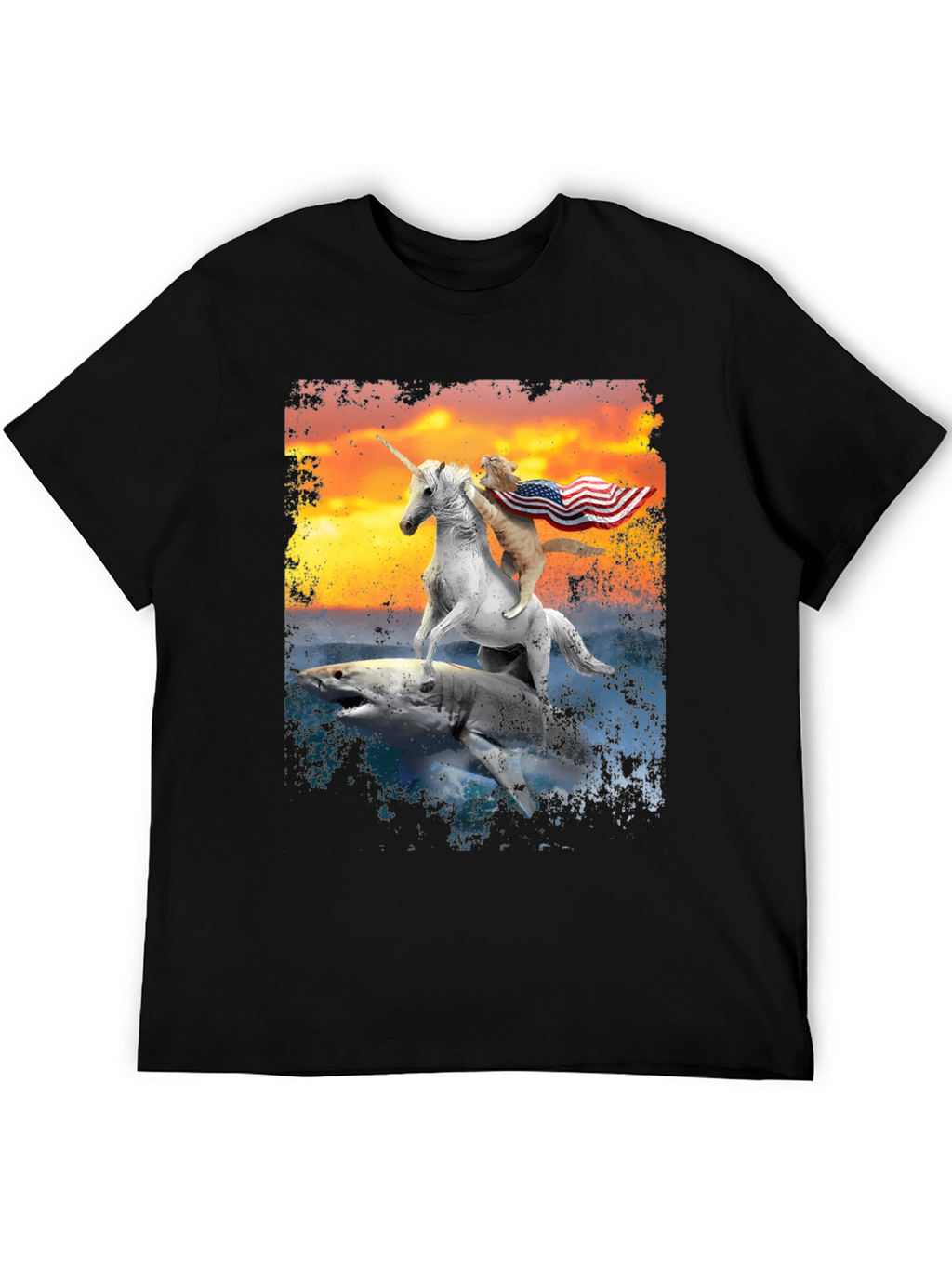 Cat Riding Unicorn on Shark T-Shirt