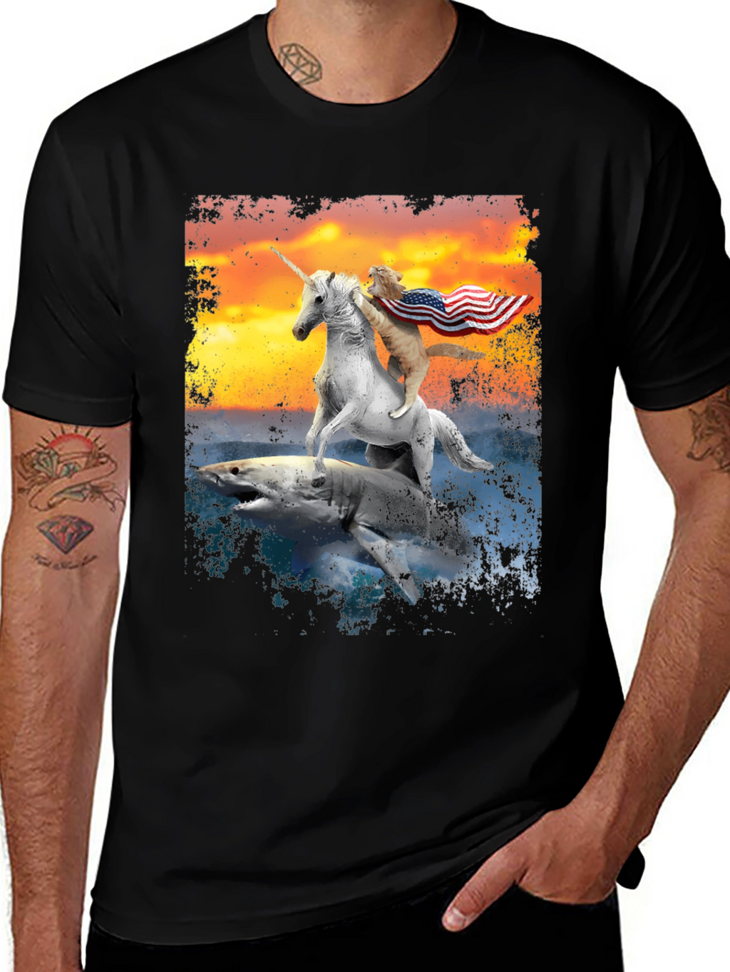 Cat Riding Unicorn on Shark T-Shirt